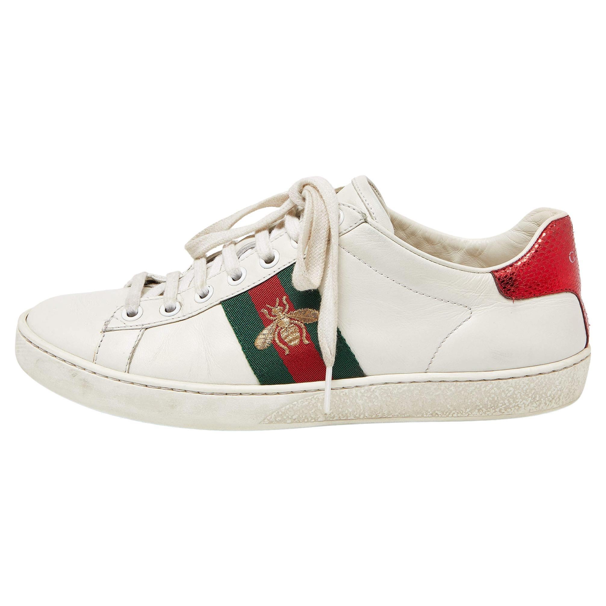 Gucci White Leather Web Detail Bee Embroidered Ace Low Top Sneakers Size 36.5 For Sale