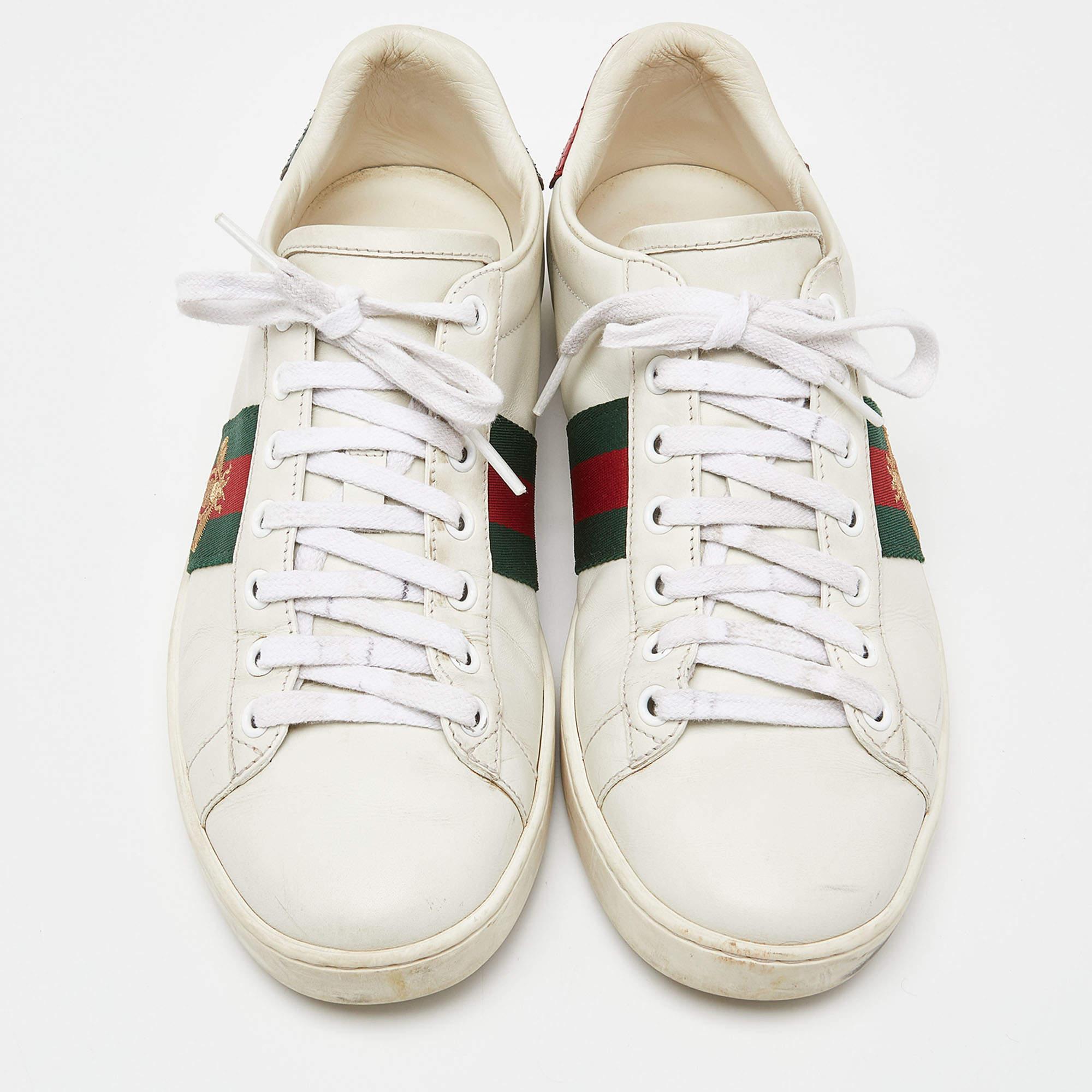 Women's Gucci White Leather Web Detail Bee Embroidered Ace Low Top Sneakers Size 38 For Sale