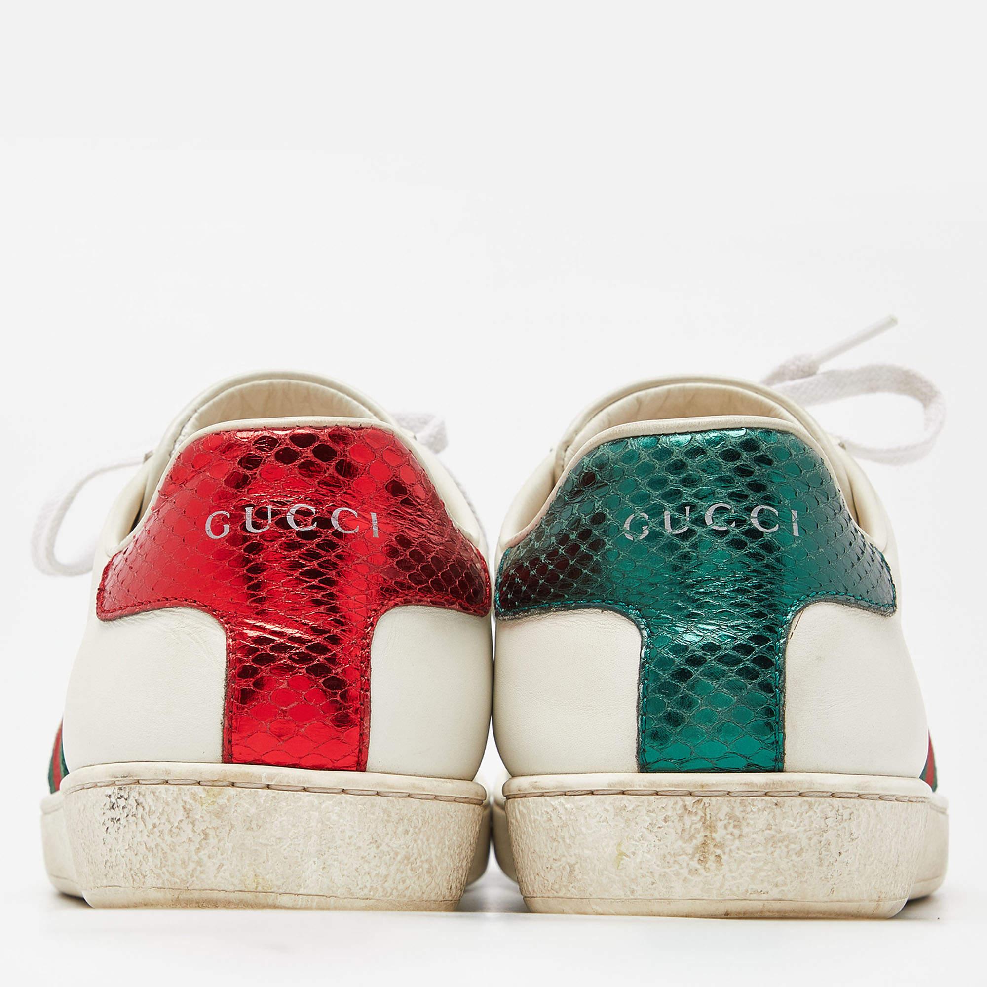 Gucci White Leather Web Detail Bee Embroidered Ace Low Top Sneakers Size 38 For Sale 1
