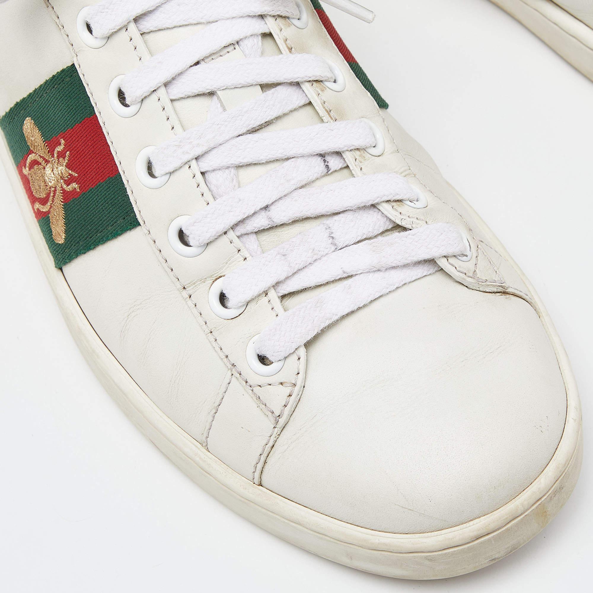 Gucci White Leather Web Detail Bee Embroidered Ace Low Top Sneakers Size 38 For Sale 3
