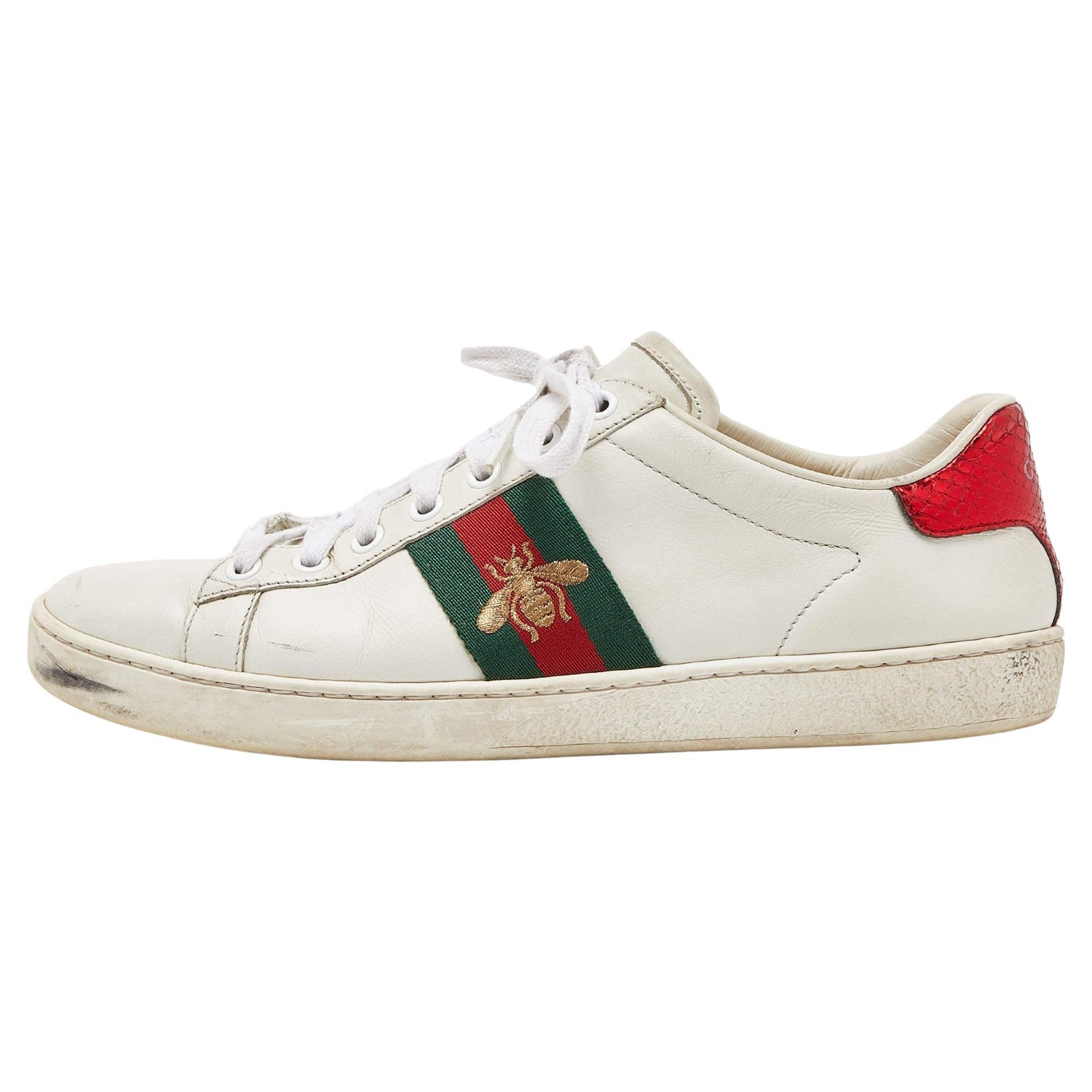 Gucci White Leather Web Detail Bee Embroidered Ace Low Top Sneakers Size 38 For Sale