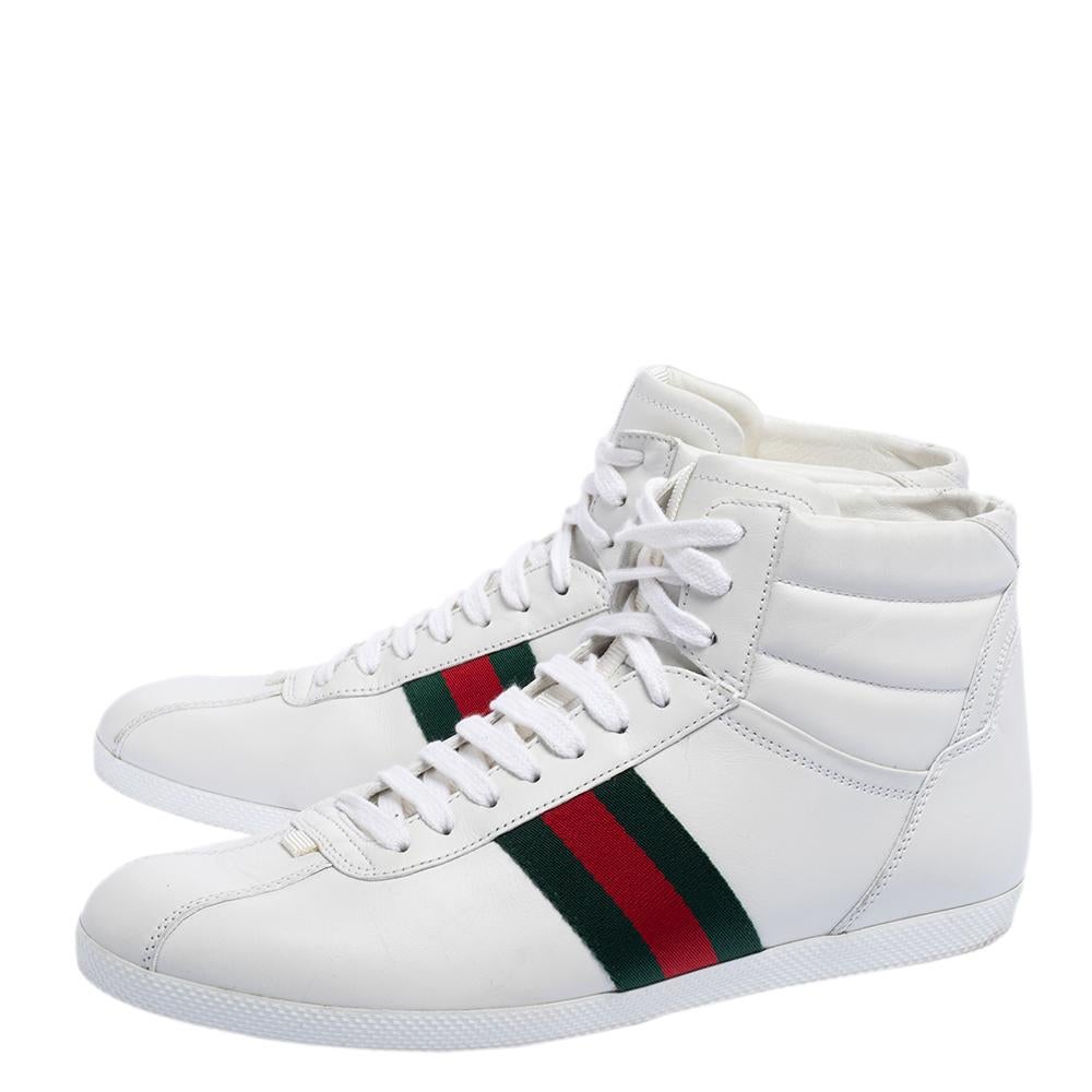 Gray Gucci White Leather Web Detail High Top Sneakers Size 39