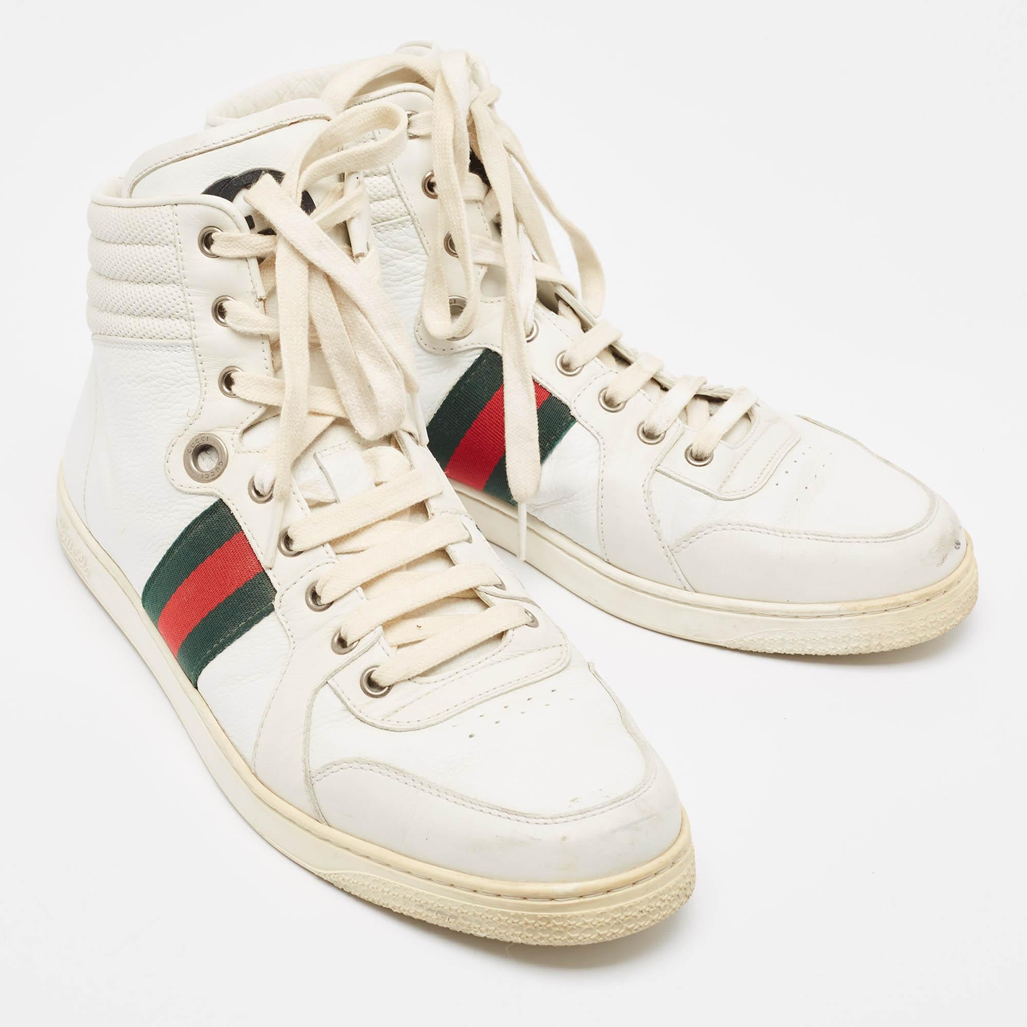 Men's Gucci White Leather Web Detail High Top Sneakers Size 43 For Sale