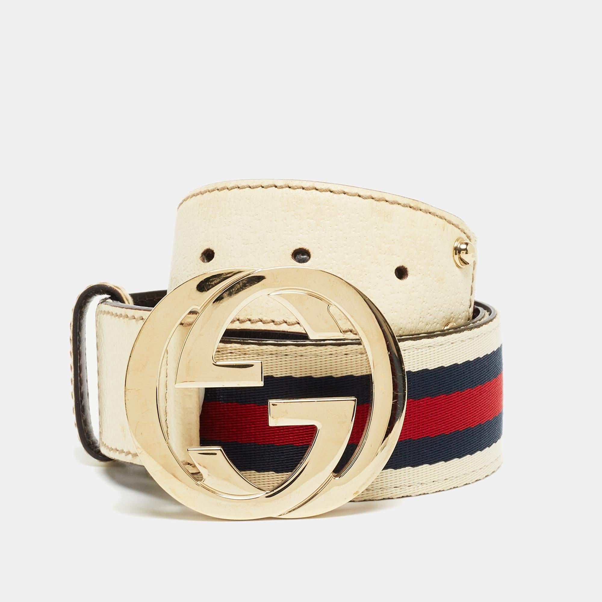 Women's Gucci White Leather Web Detail Interlocking G Buckle Belt 85CM