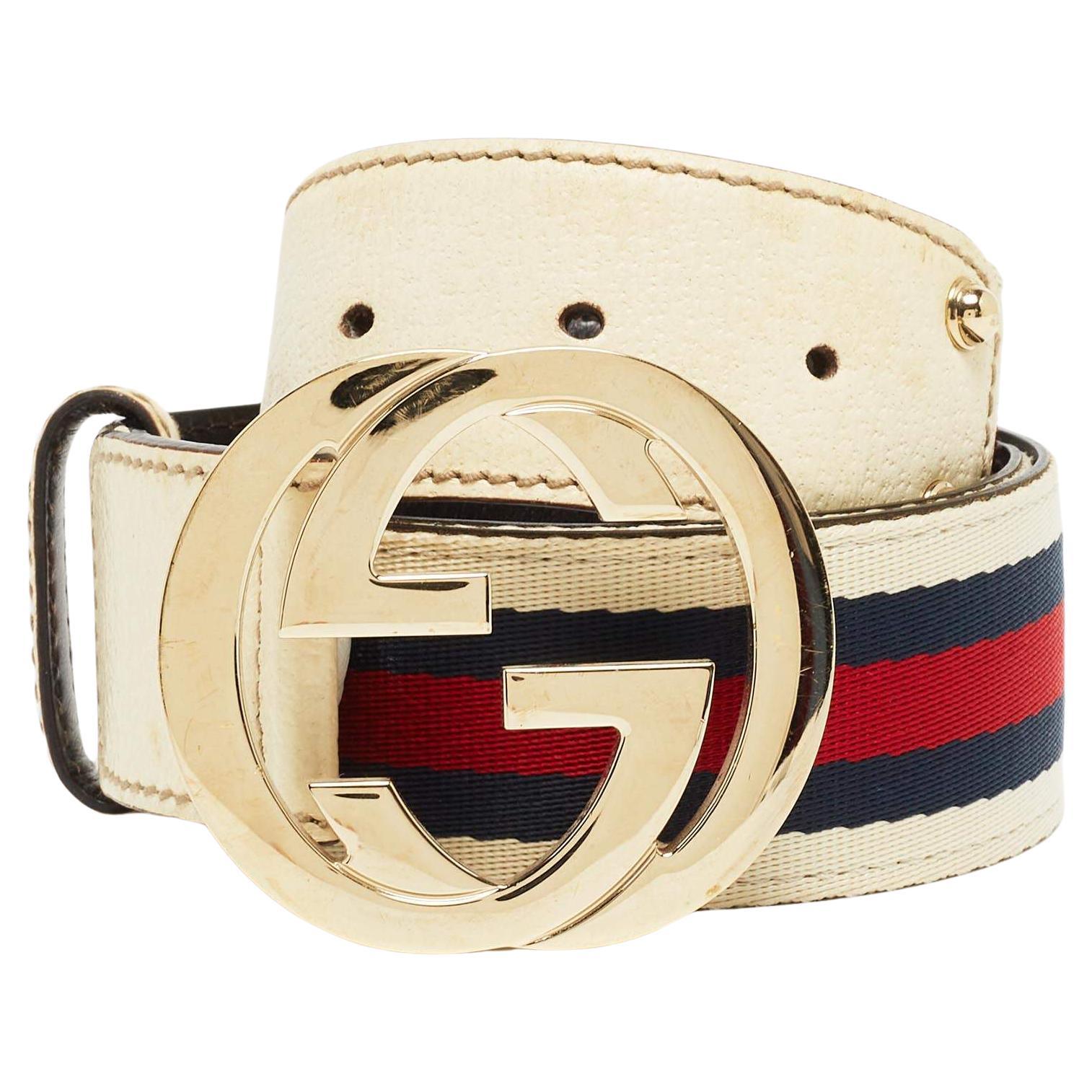 Gucci White Leather Web Detail Interlocking G Buckle Belt 85CM