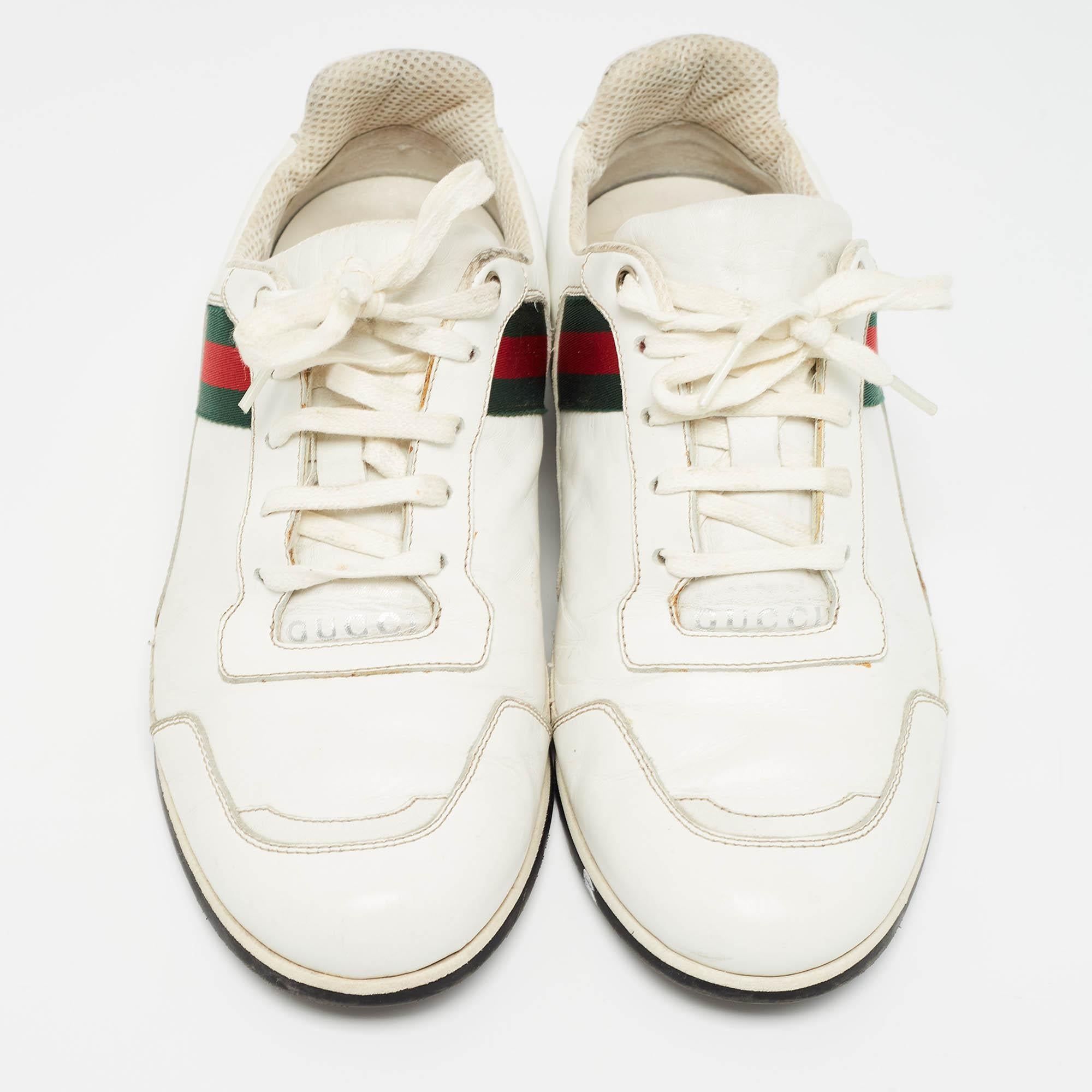 Look your stylish best every time you step out wearing these Gucci sneakers. Crafted from leather, these sneakers feature lace-ups, patent leather trims, web details, durable soles and leather insoles for added comfort.

