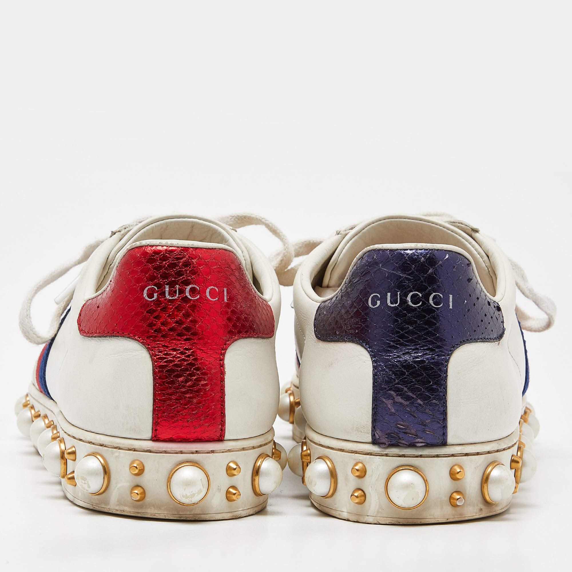 Gucci White Leather Web Detail New Ace Faux Pearl Embellished Low Top Sneakers S For Sale 1