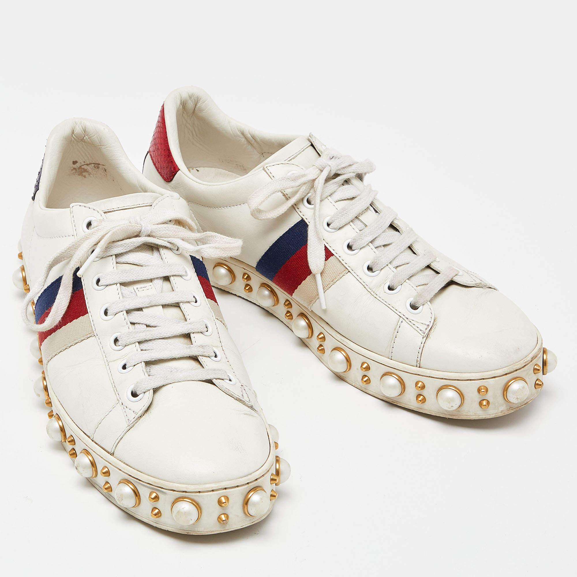 Gucci White Leather Web Detail New Ace Faux Pearl Embellished Low Top Sneakers S For Sale 2