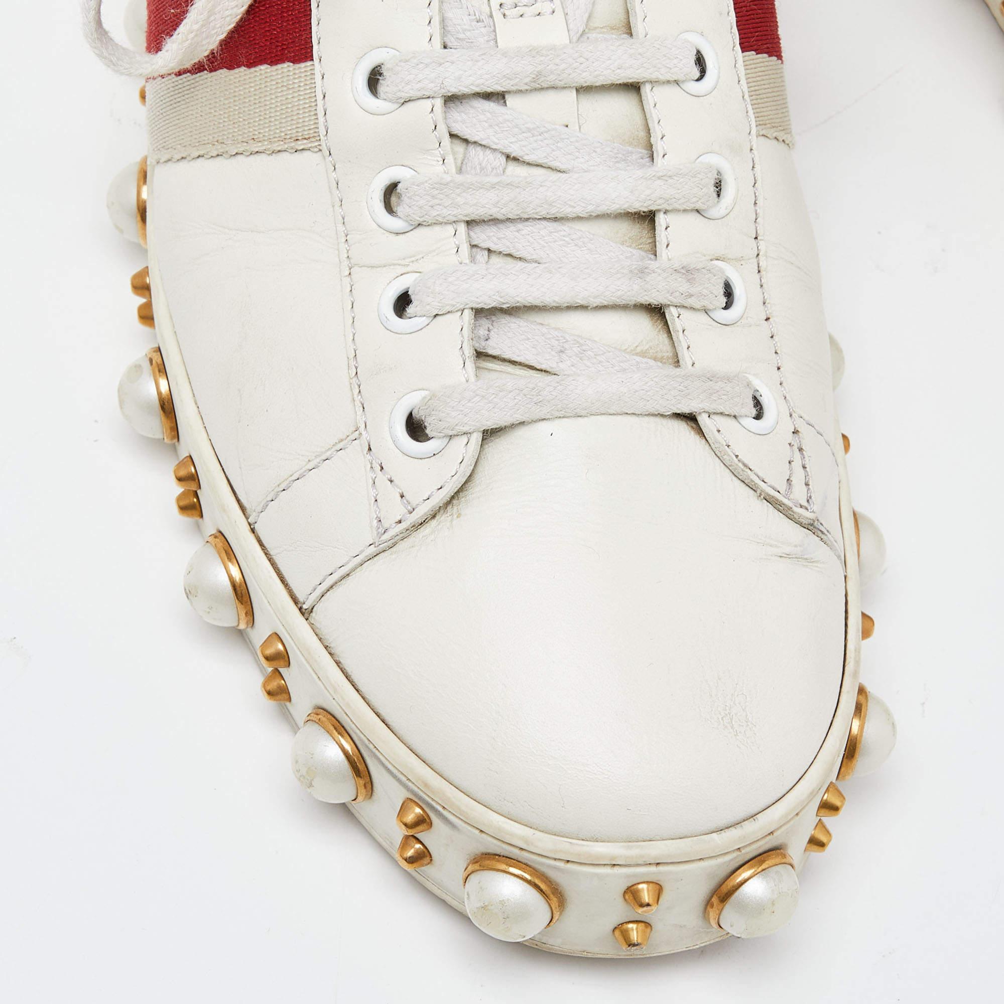 Gucci White Leather Web Detail New Ace Faux Pearl Embellished Low Top Sneakers S For Sale 3