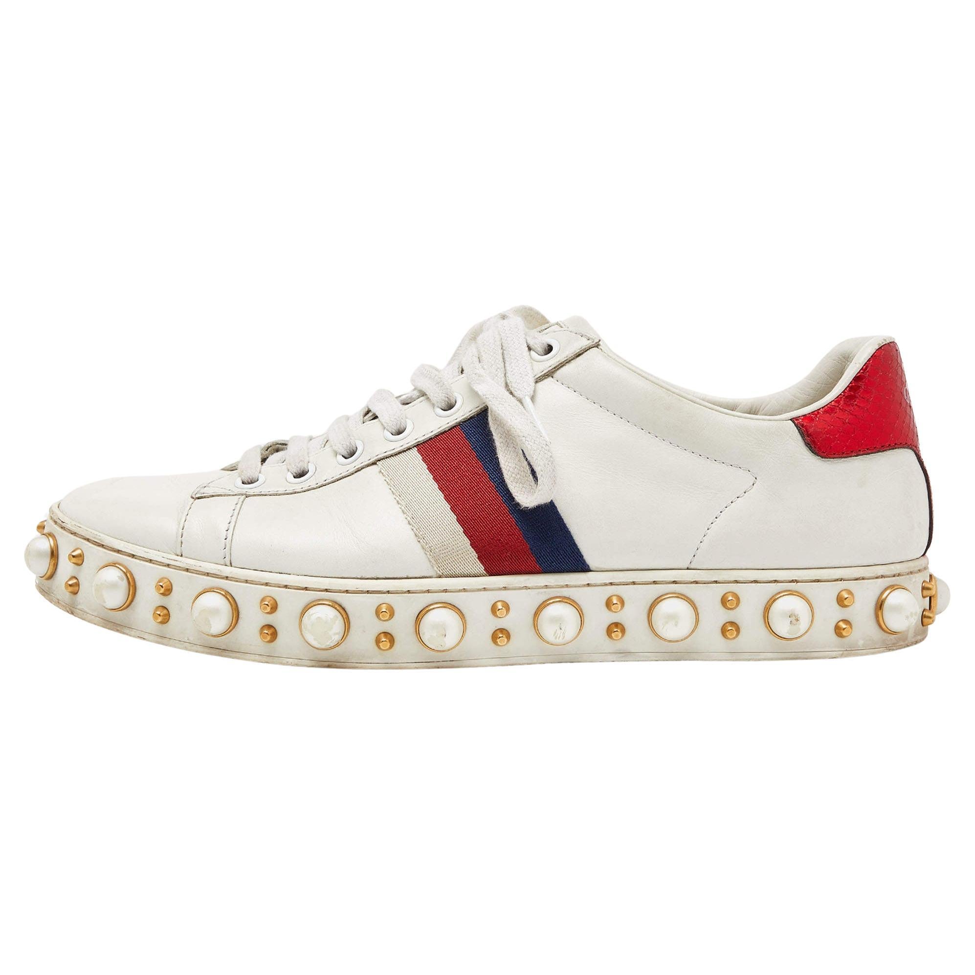 Gucci White Leather Web Detail New Ace Faux Pearl Embellished Low Top Sneakers S For Sale