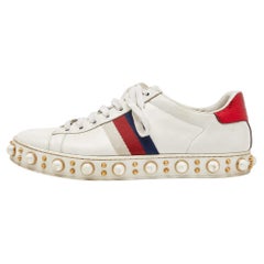 Used Gucci White Leather Web Detail New Ace Faux Pearl Embellished Low Top Sneakers S