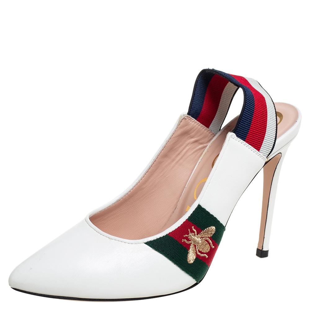 Gucci White Leather Web Slingback Pumps Size 37