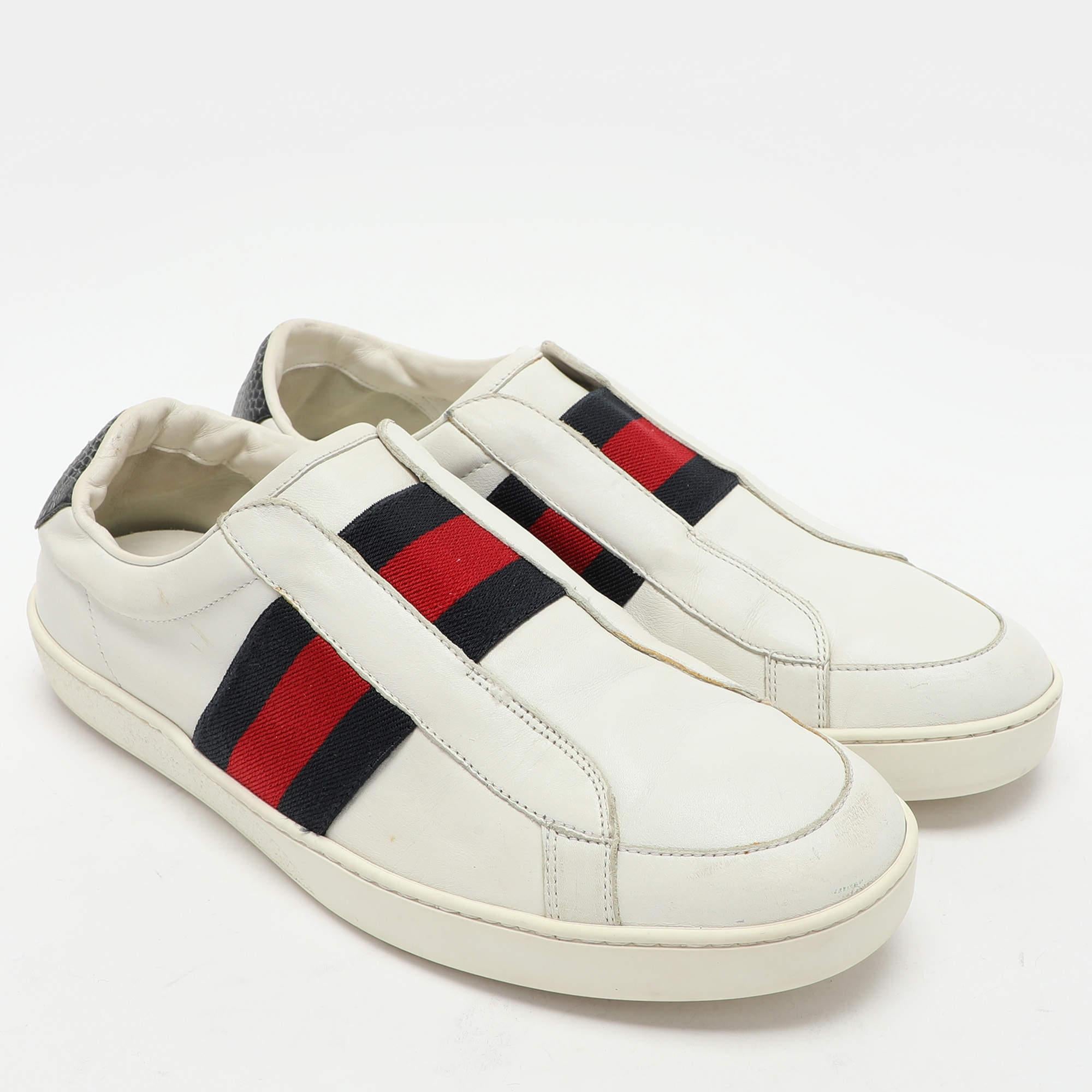 Gucci Weiß Leder Web Slip On Turnschuhe Größe 43 Herren im Angebot