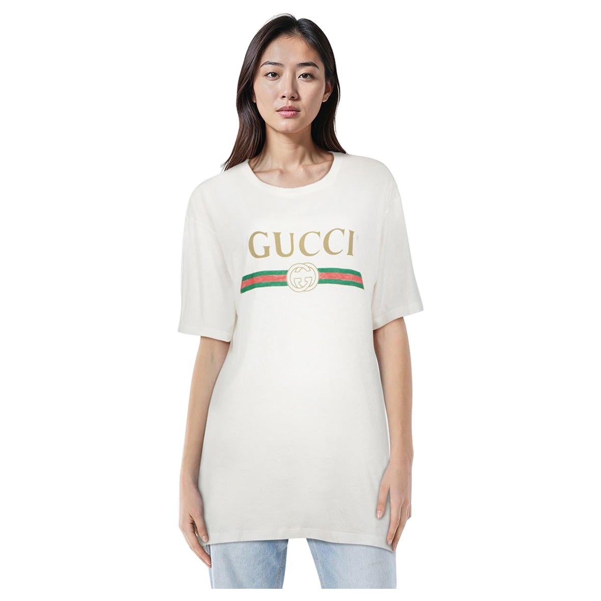 Gucci Maglietta con logo e patch floreale bianca taglia M. T. I. M. I. in vendita