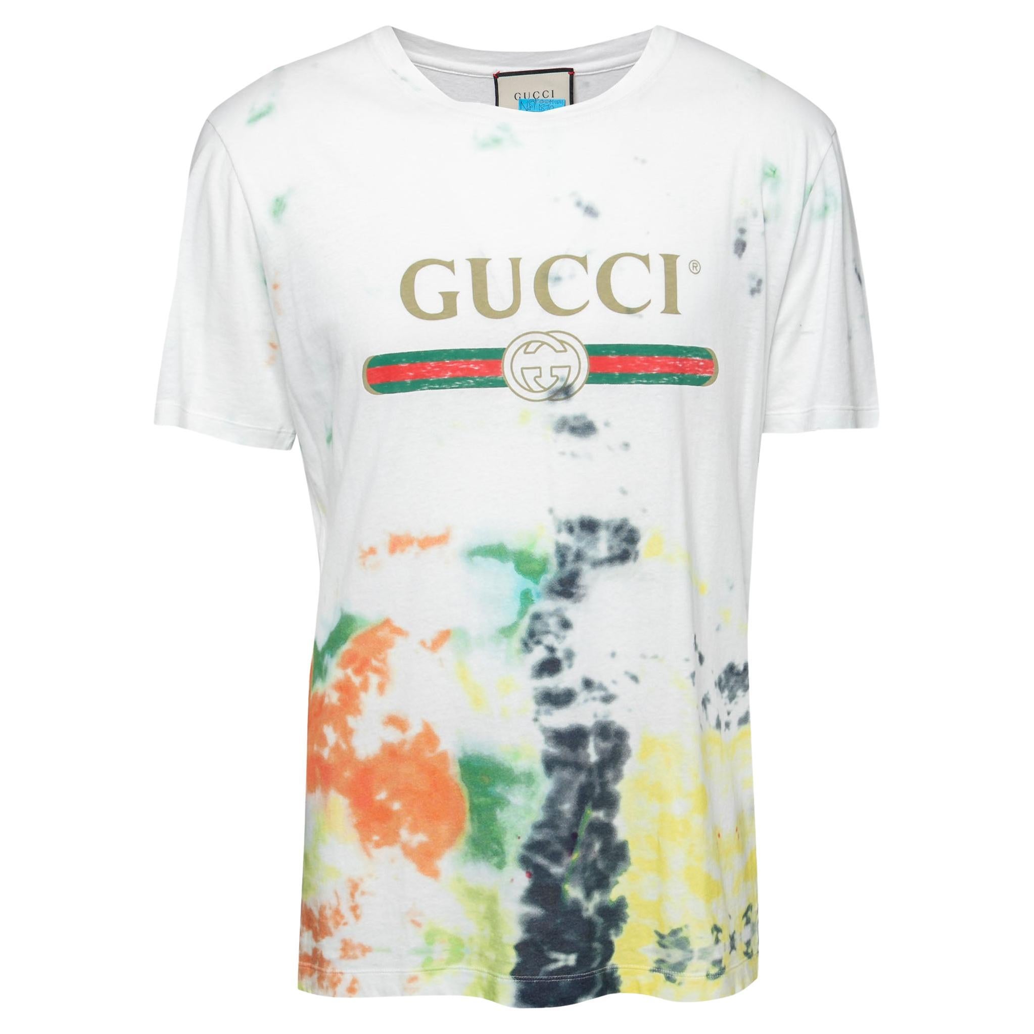Gucci White Logo Print Cotton Tie Dye T-Shirt L at 1stDibs