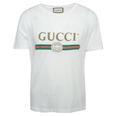 Gucci White Logo Print Washed & Distressed Cotton Oversized T-Shirt M