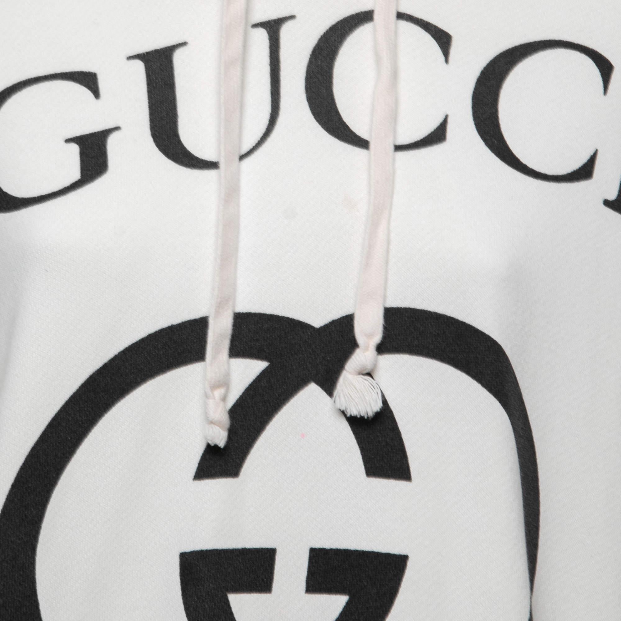 Gucci White Logo Printed Cotton Oversize Hoodie XS 2