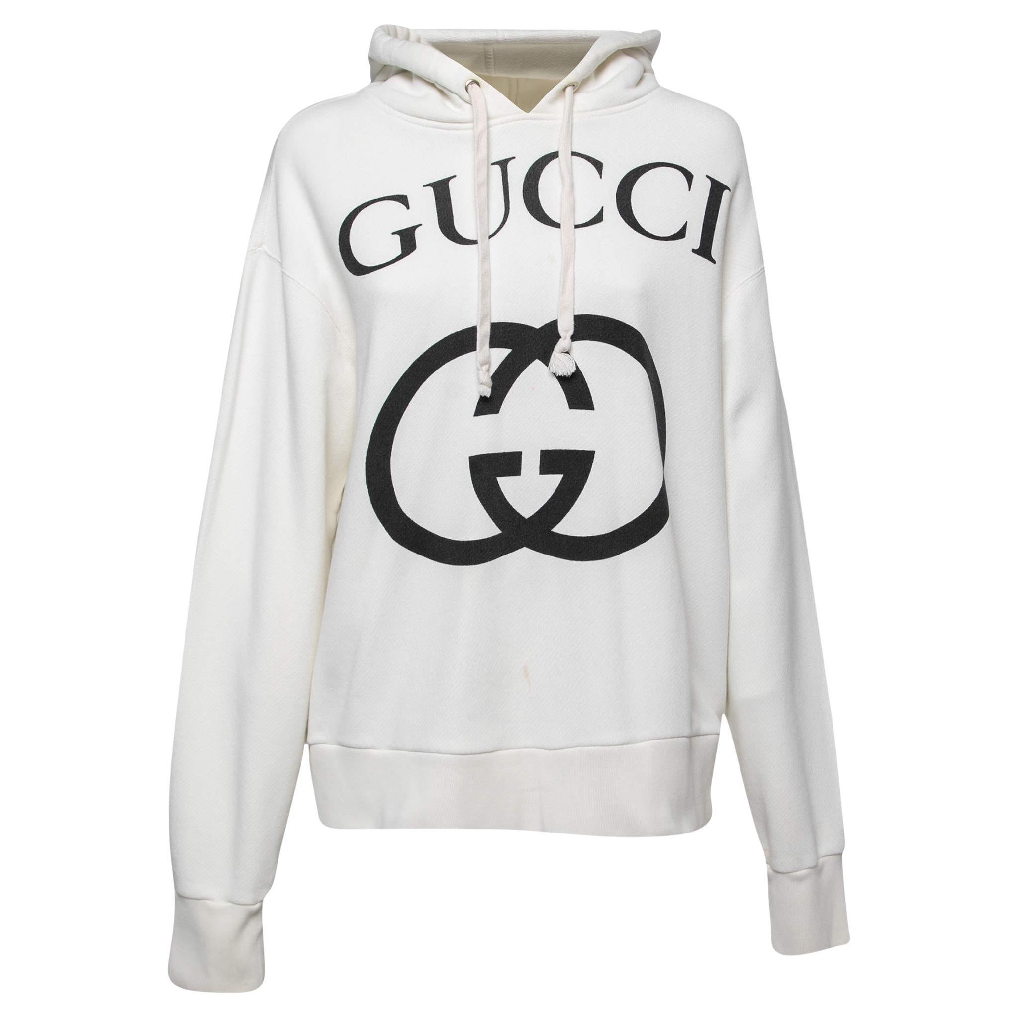 Gucci White Logo Printed Cotton Oversize Hoodie XS