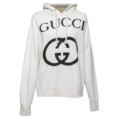 Gucci White Logo Printed Cotton Oversize Hoodie XS