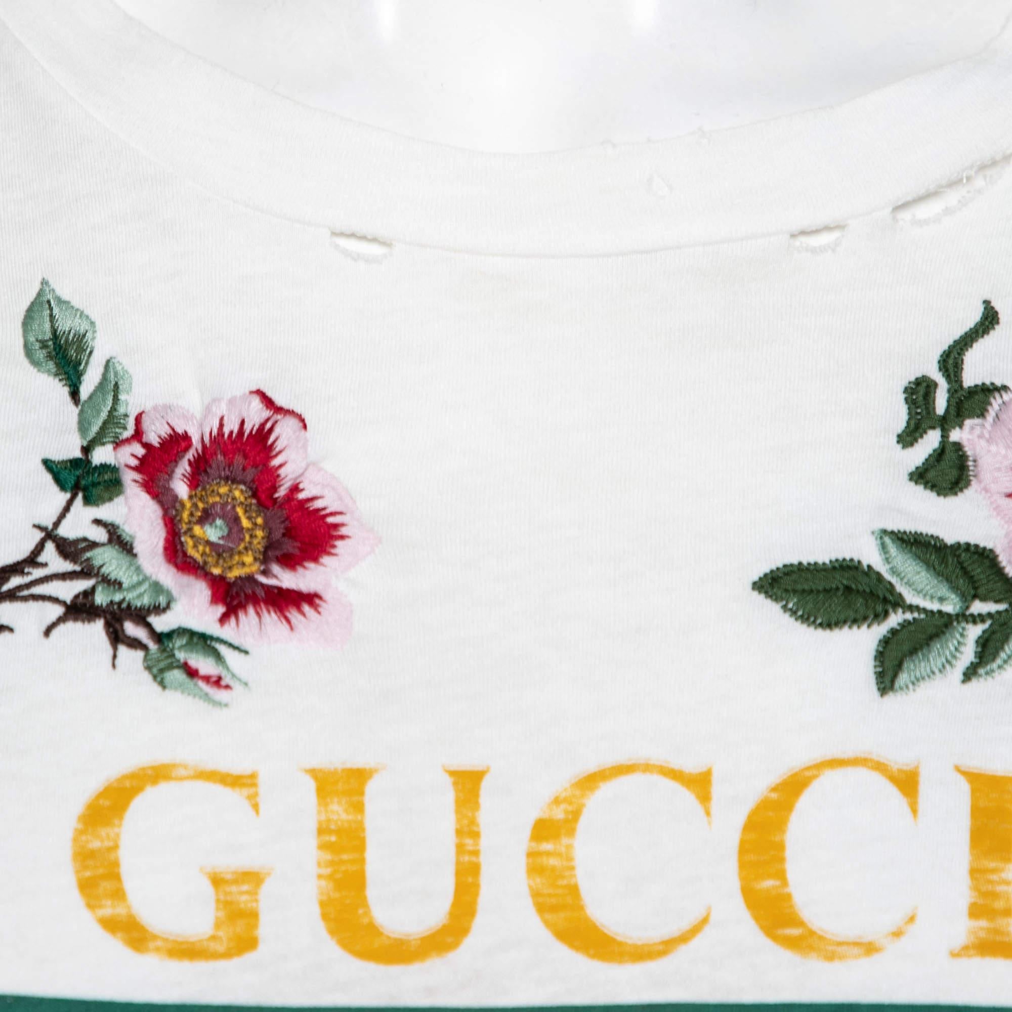 Gucci Camiseta blanca de algodón estampada y bordada con logotipo XS Gris