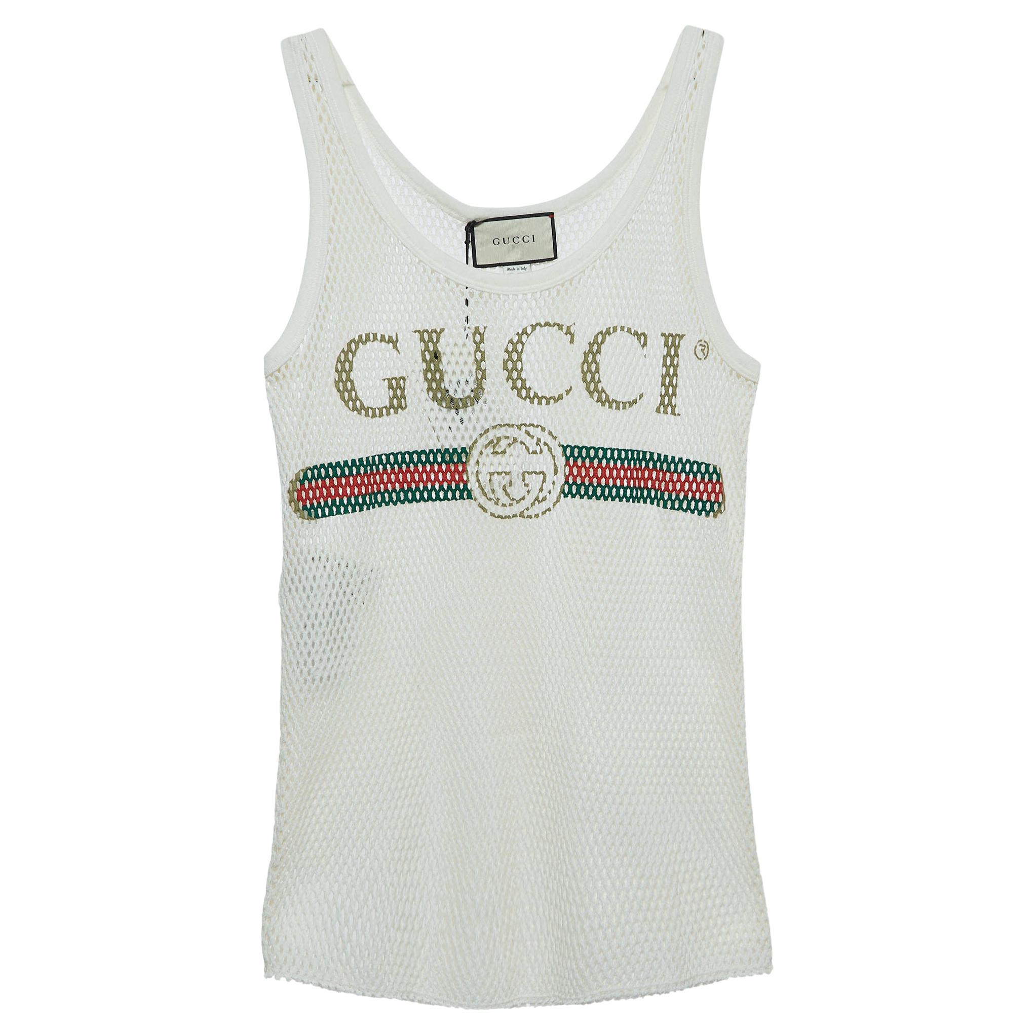 Gucci White Logo Printed Mesh Tank Top S