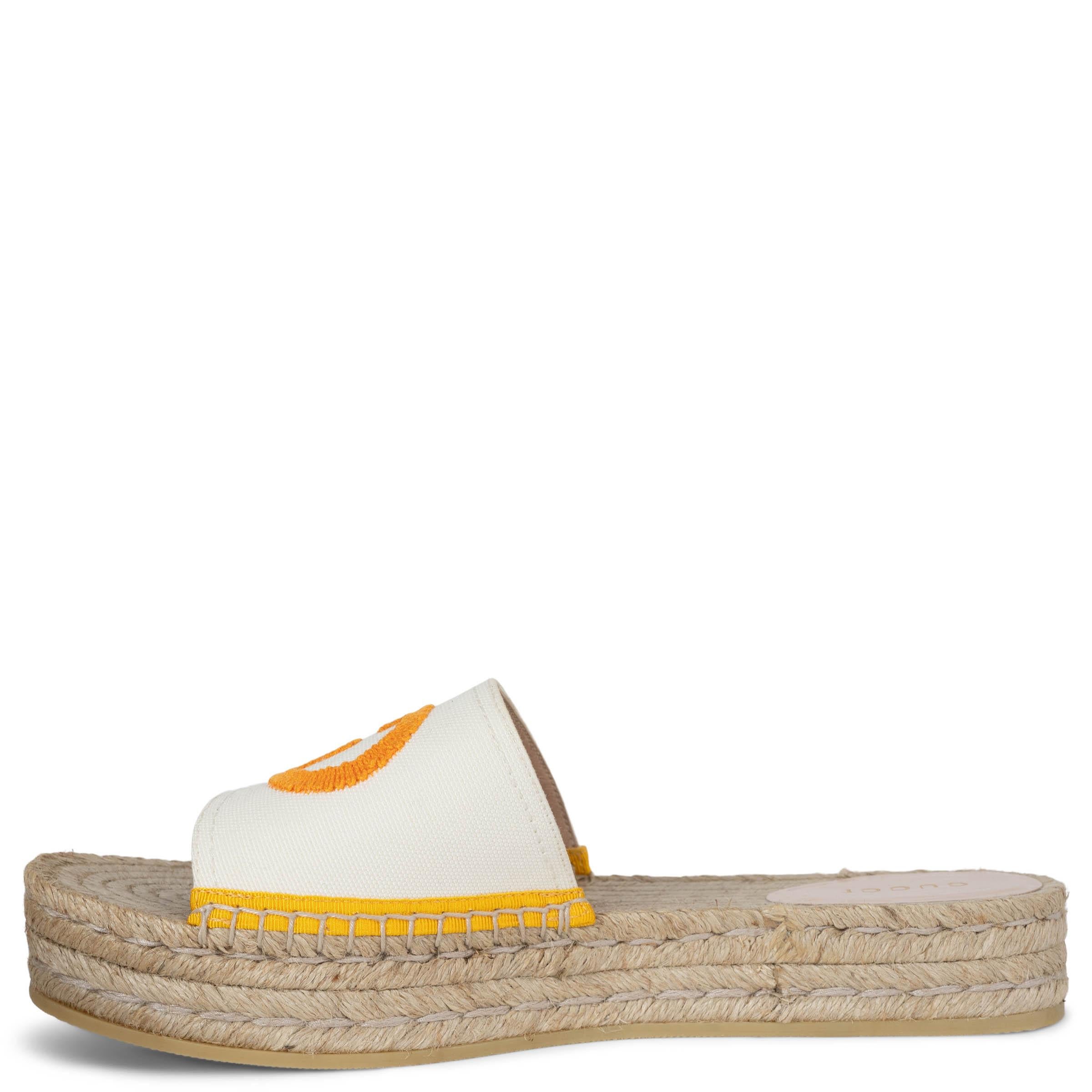 White GUCCI white & mais canvas PILAR ESPADRILLE SLIDE Sandals Shoes 38.5 For Sale