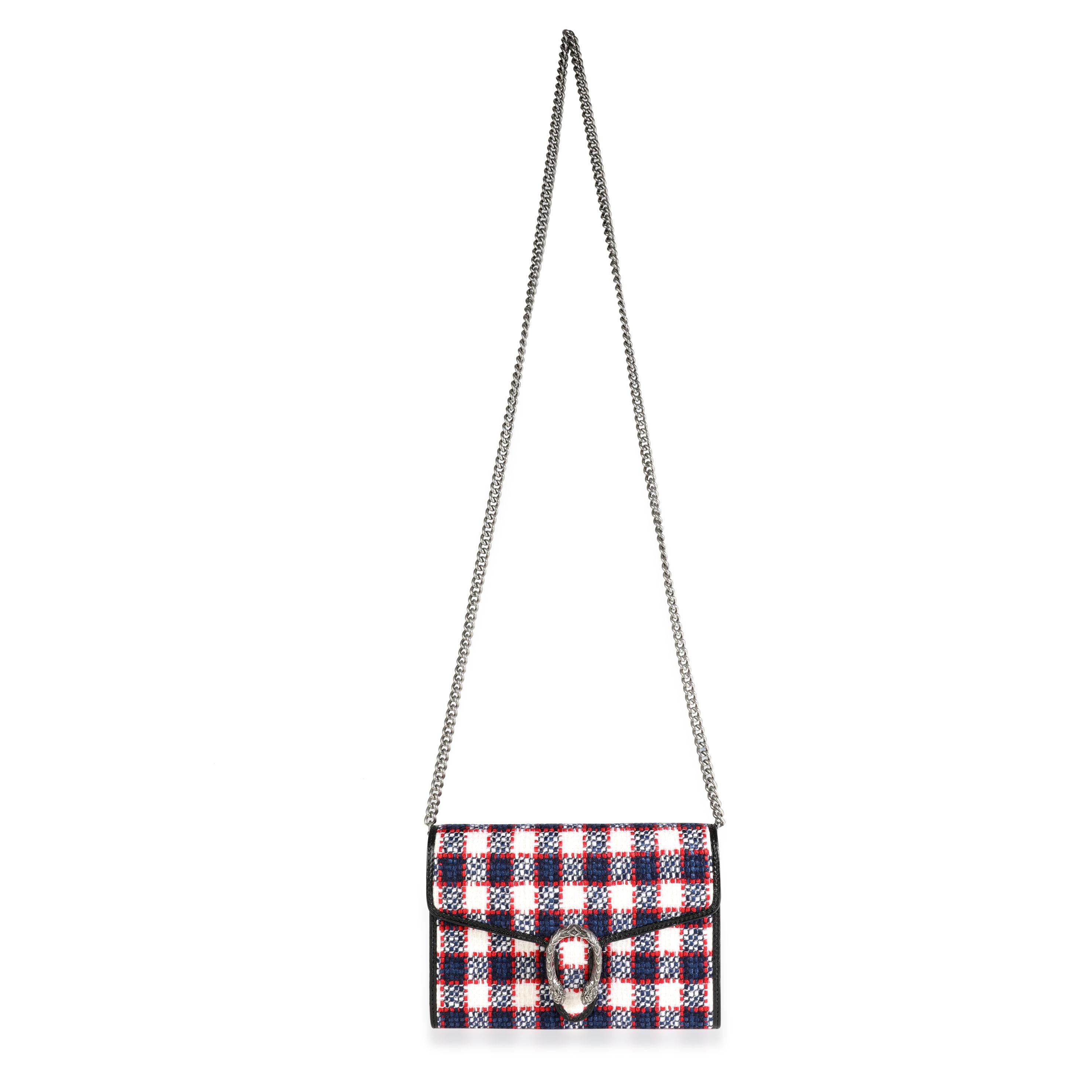 Listing Title: Gucci White, Marine, & Hibiscus Red Tweed Mini Dionysus Chain Wallet
SKU: 115208
MSRP: 2490.00 USD
Condition: Pre-owned 
Condition Description: Taking the fashion sphere by storm in 2015, the Dionysus crossbody bag from Gucci was