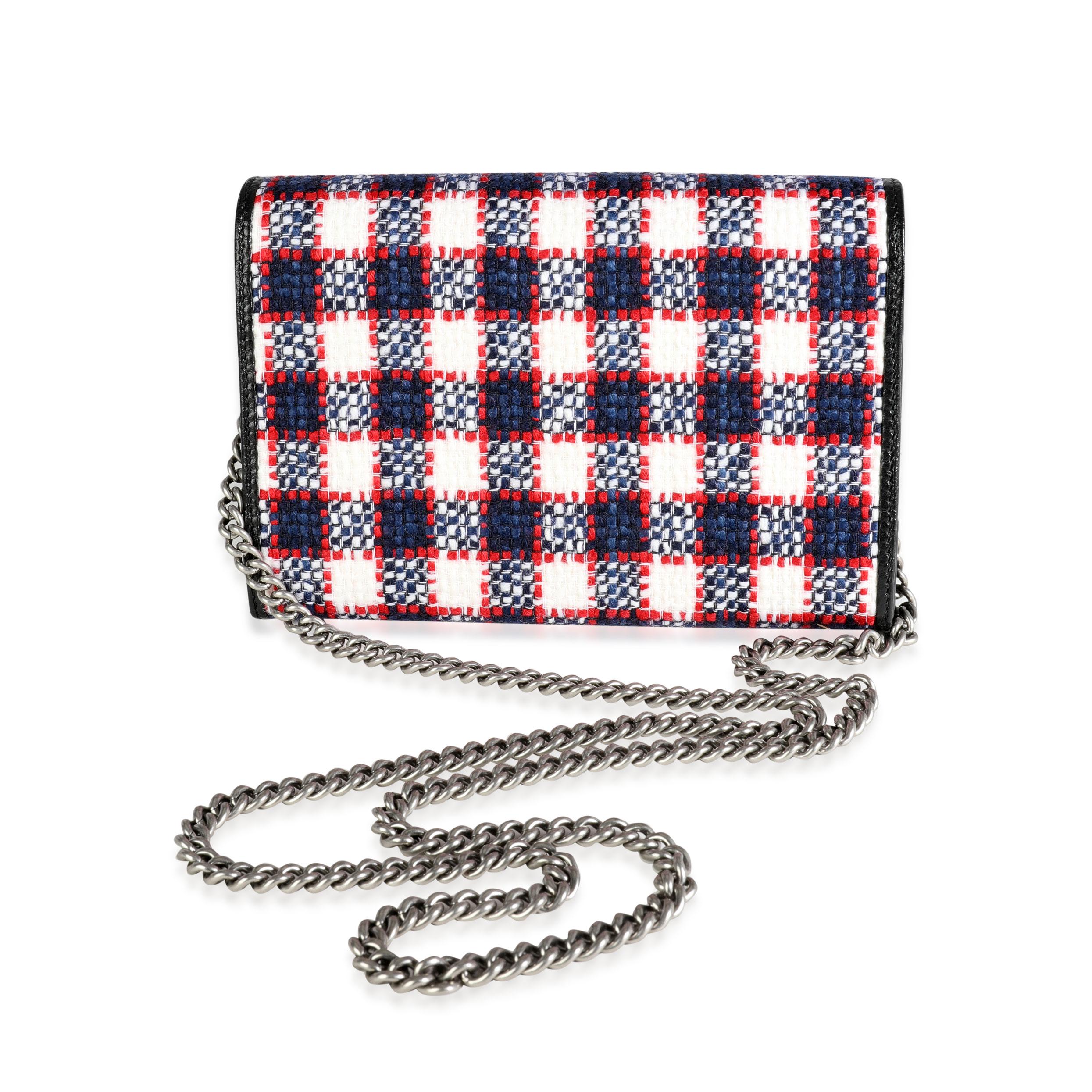 Gray Gucci White, Marine, & Hibiscus Red Tweed Mini Dionysus Chain Wallet