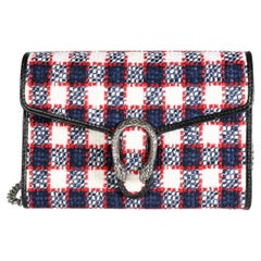Gucci Cartera con Cadena Mini Dionysus en Tweed Blanco, Marino y Rojo Hibisco