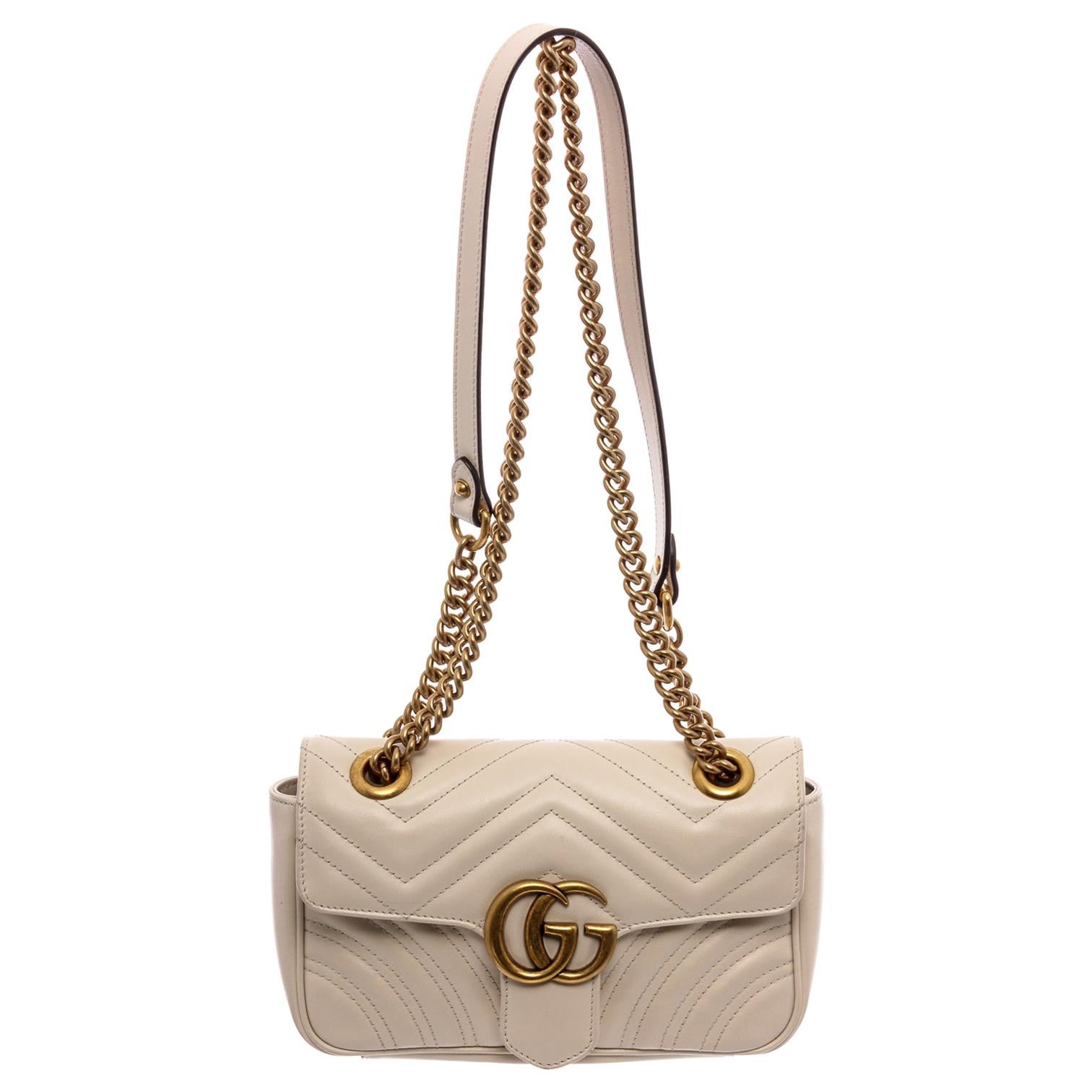 Gucci White Matelasse Leather Small GG Marmont Shoulder Bag