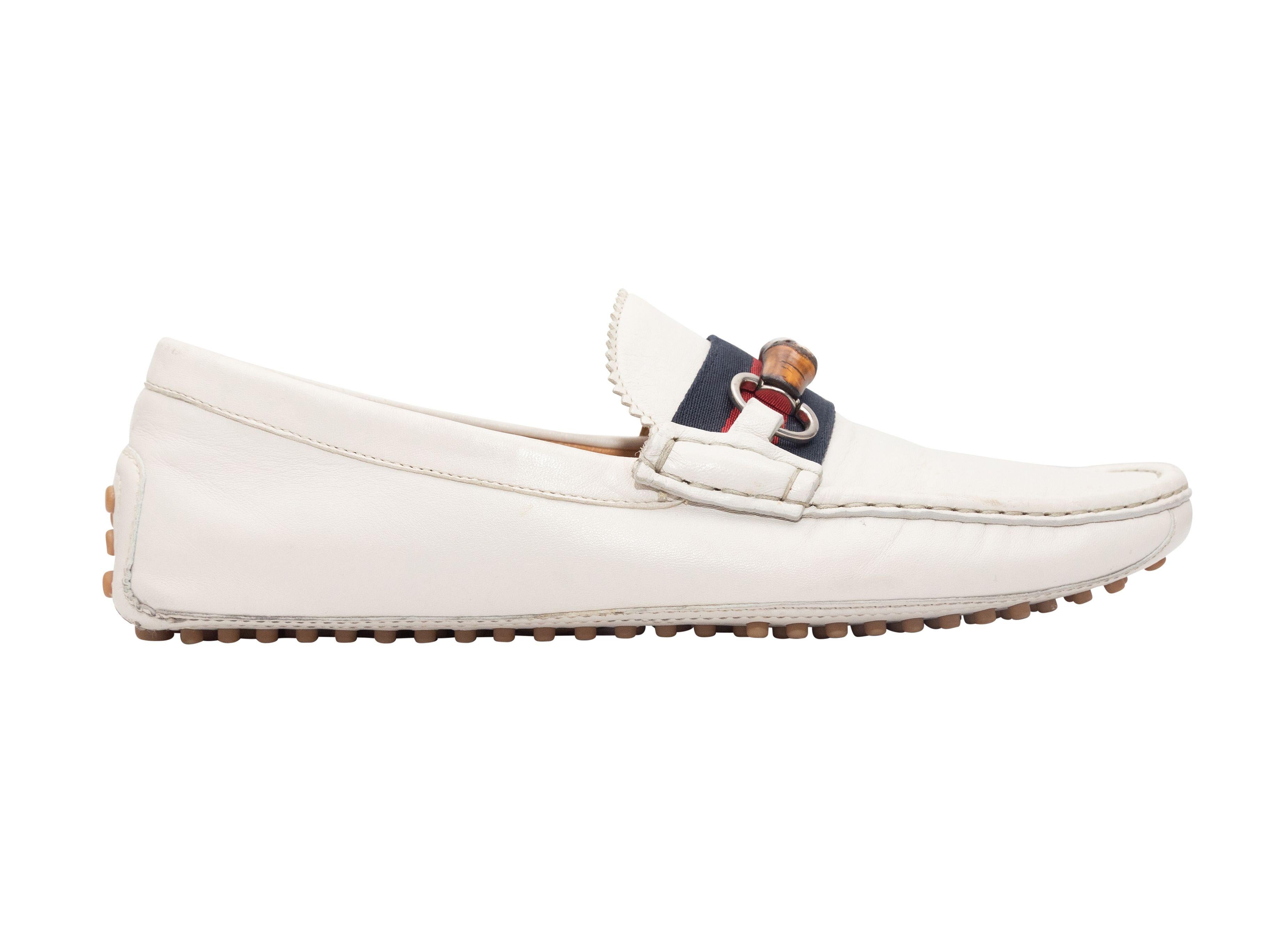 Gucci White Men's Web & Bamboo Horsebit Driving Loafers In Good Condition In New York, NY
