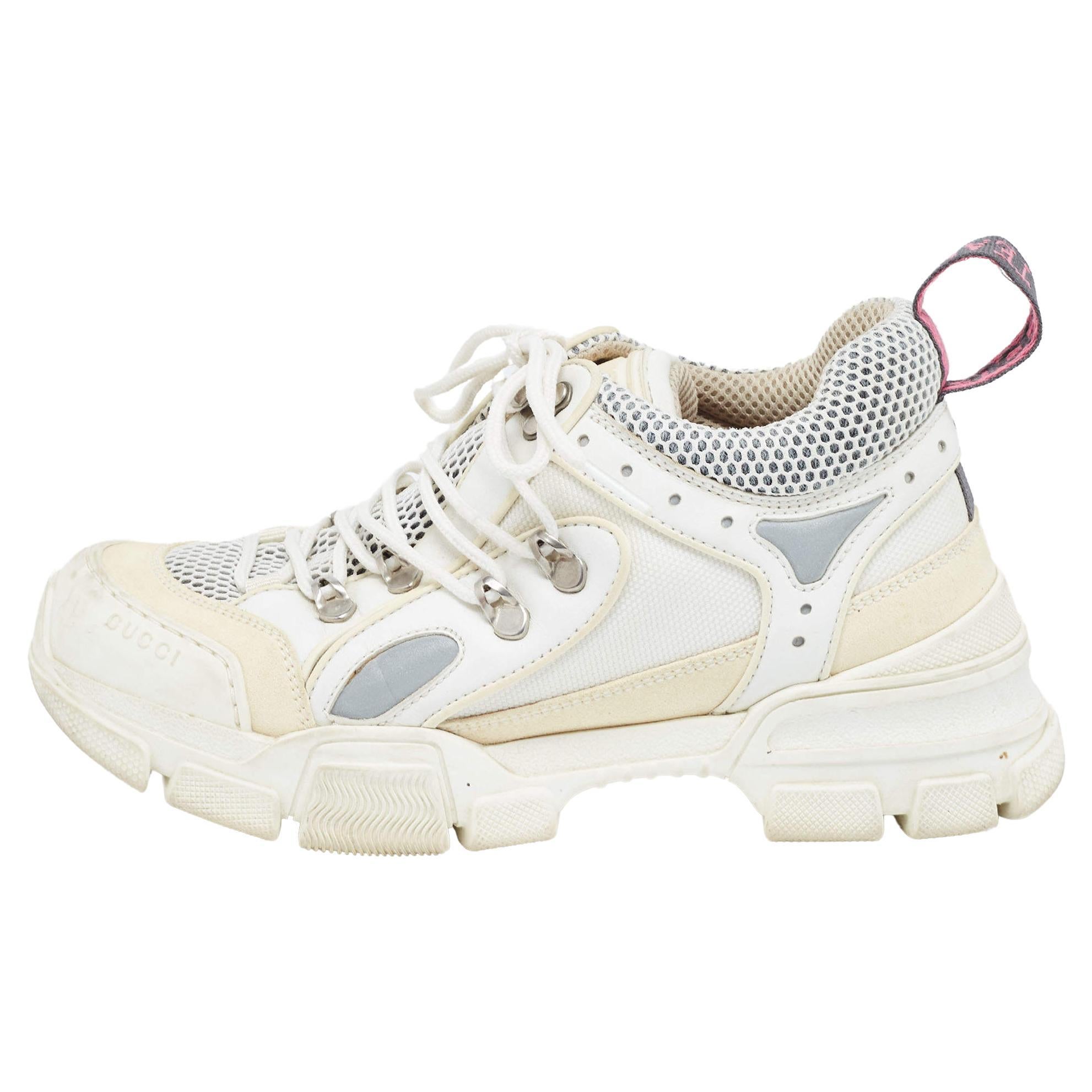 Gucci White Mesh and Leather Flashtrek Sneakers Size 38.5 For Sale