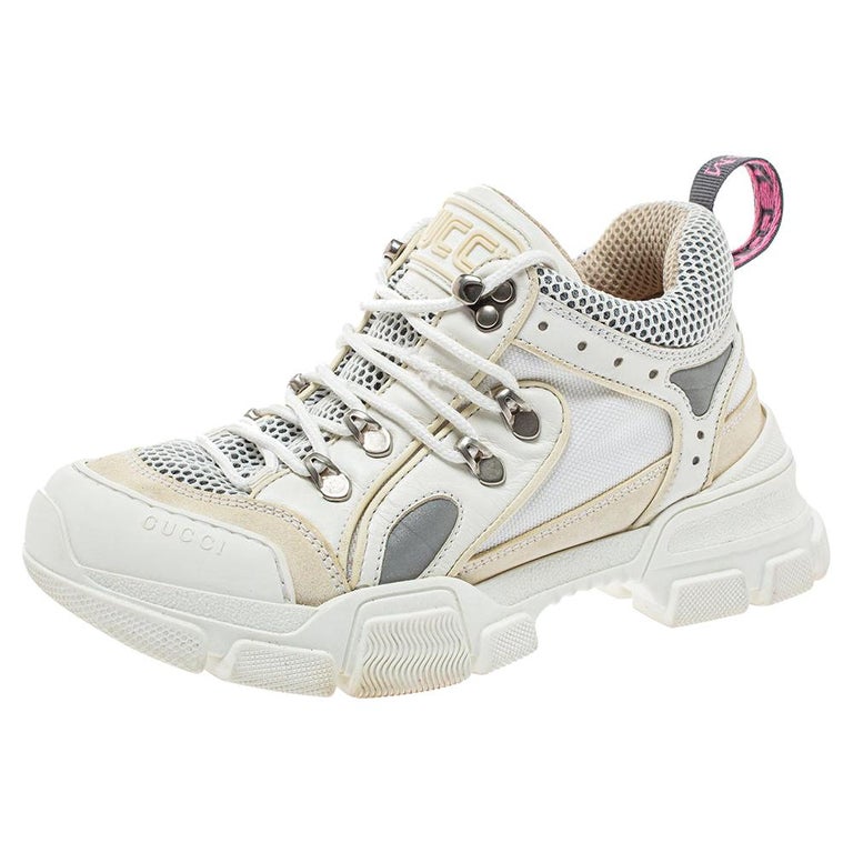 Gucci White Mesh And Leather Logo Embossed Flashtrek Sneakers Size 38 at  1stDibs