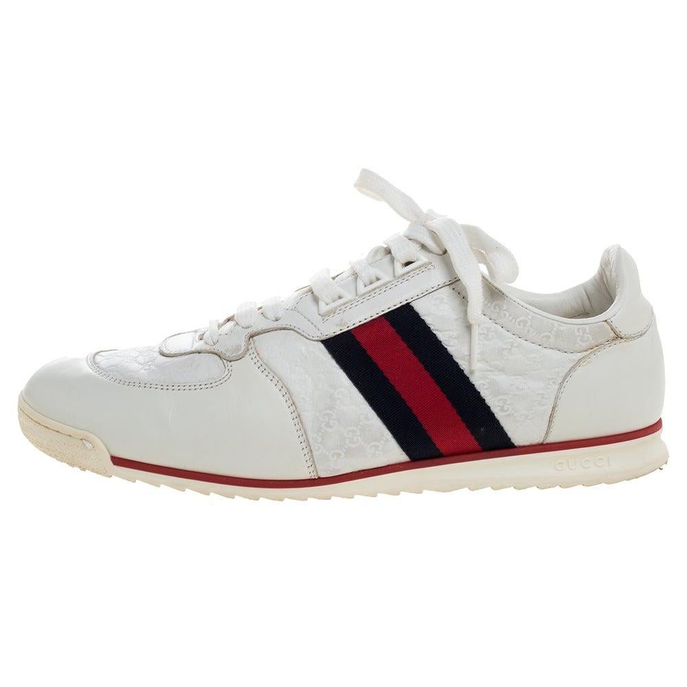 Gucci White Micro Guccissima Leather Web Detail Sneakers Size 42.5 For Sale  at 1stDibs