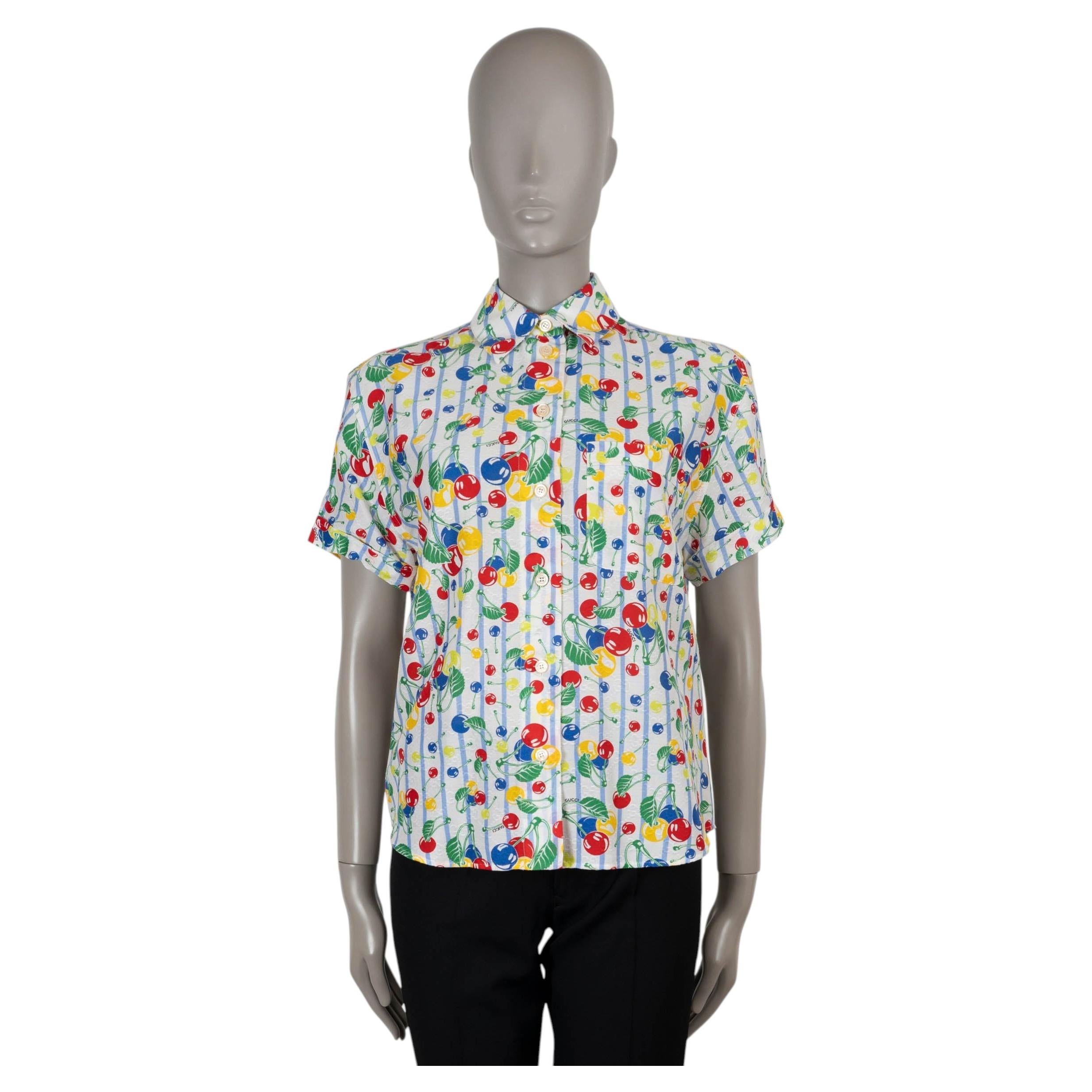 Camicia GUCCI in popeline di cotone bianco e multicolore con stampa CHERRY, collezione 2023, taglia 38 XS