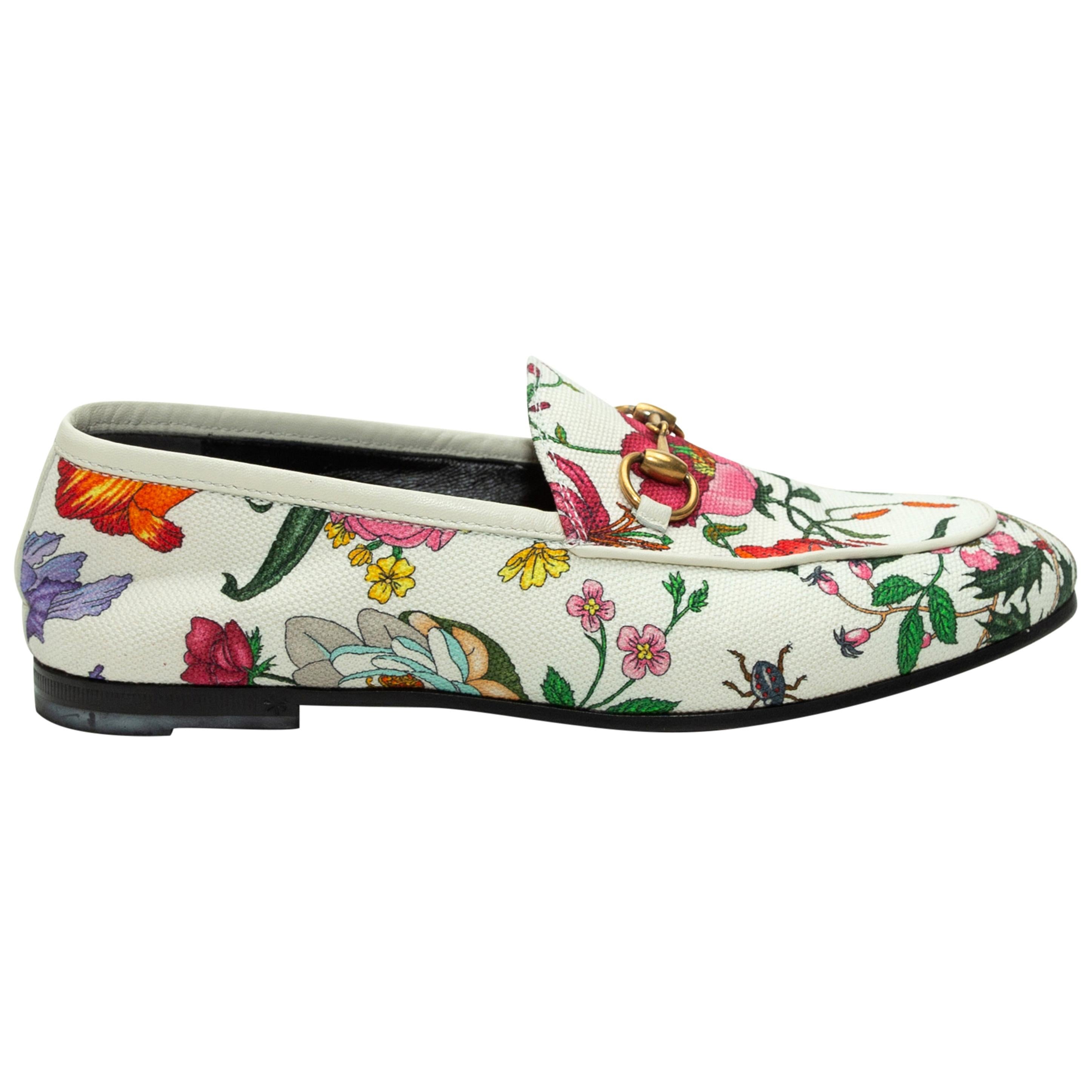 Gucci White & Multicolor Flora Horsebit Loafers