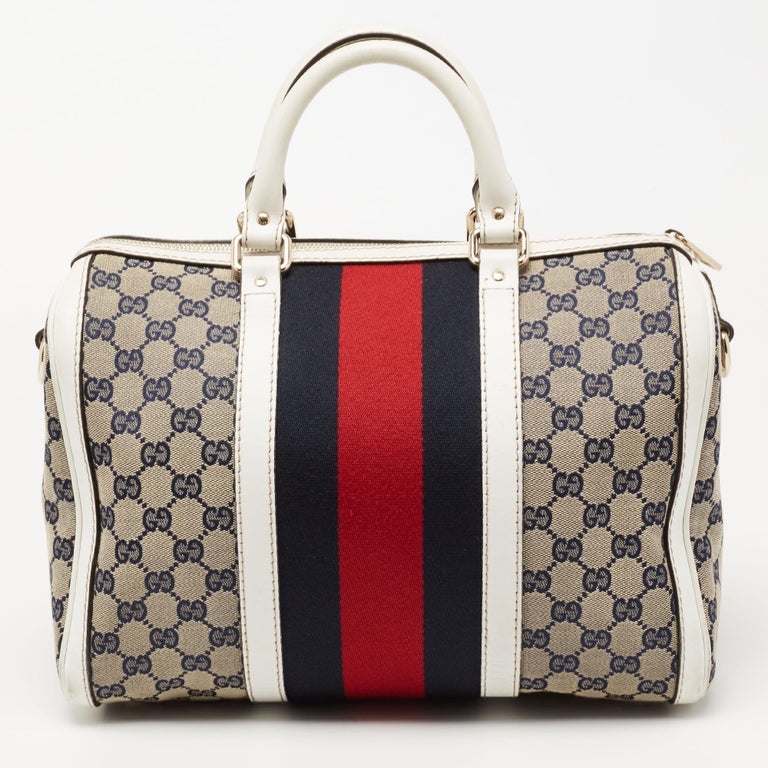 Gucci White & Navy GG Canvas Web Boston Handbag QFB18Z0EWB000