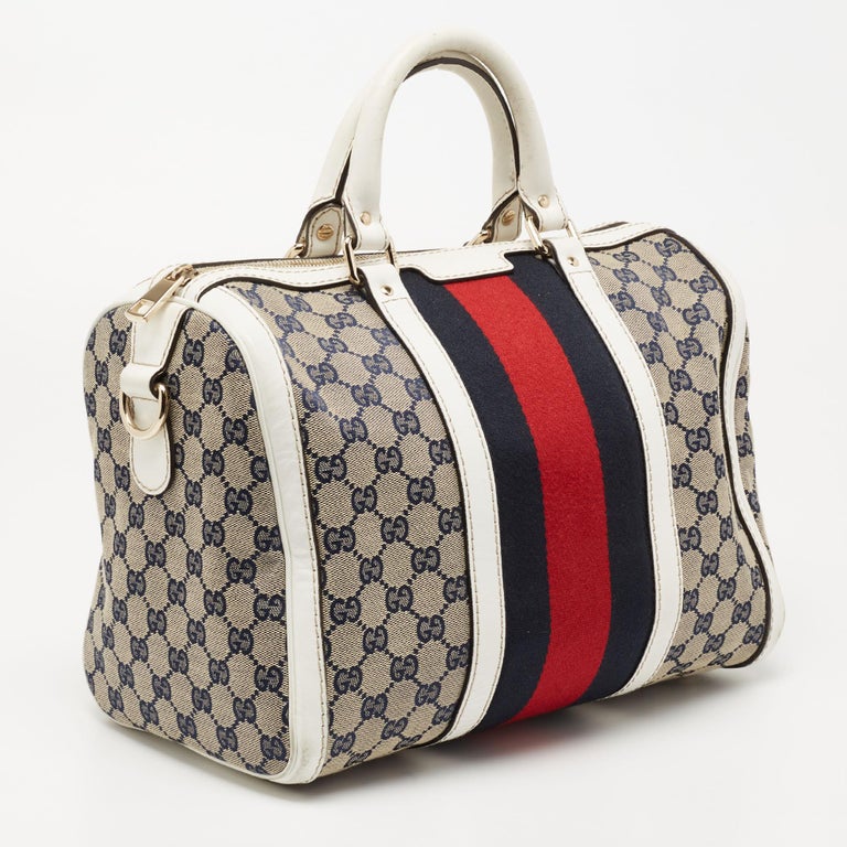 Gucci White/Navy Blue GG Canvas and Leather Medium Vintage Web Boston Bag  at 1stDibs | gucci boston bag vintage, navy blue gucci bag, boston gucci bag