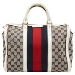 Gucci White/Navy Blue GG Canvas and Leather Medium Vintage Web Boston Bag
