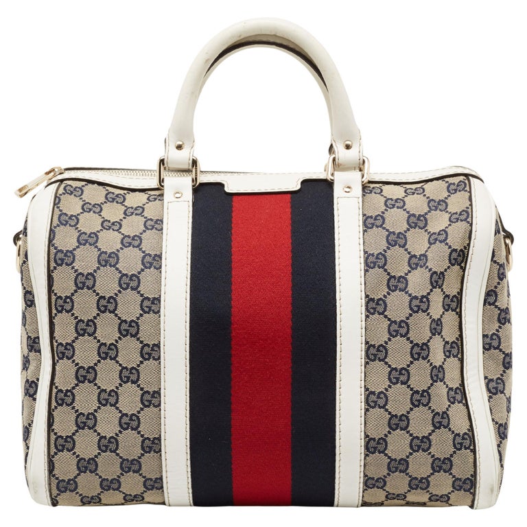 Gucci White/Navy Blue GG Canvas and Leather Medium Vintage Web Boston Bag  For Sale at 1stDibs