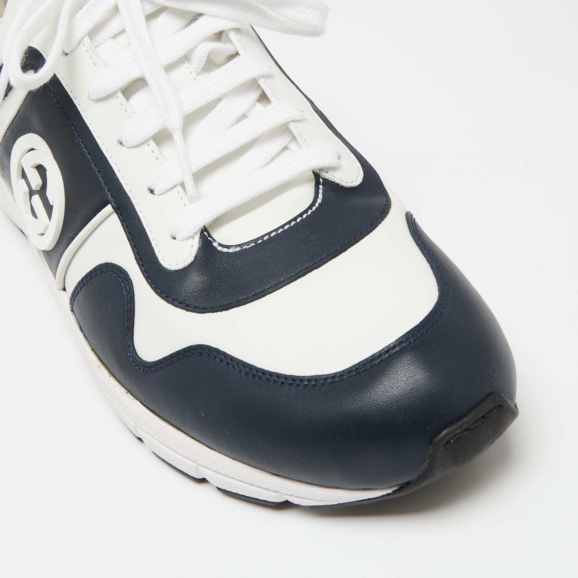 Uomo Gucci Bianco/Blu navy in pelle con GG intrecciate, scarpe da ginnastica basse taglia 44,5