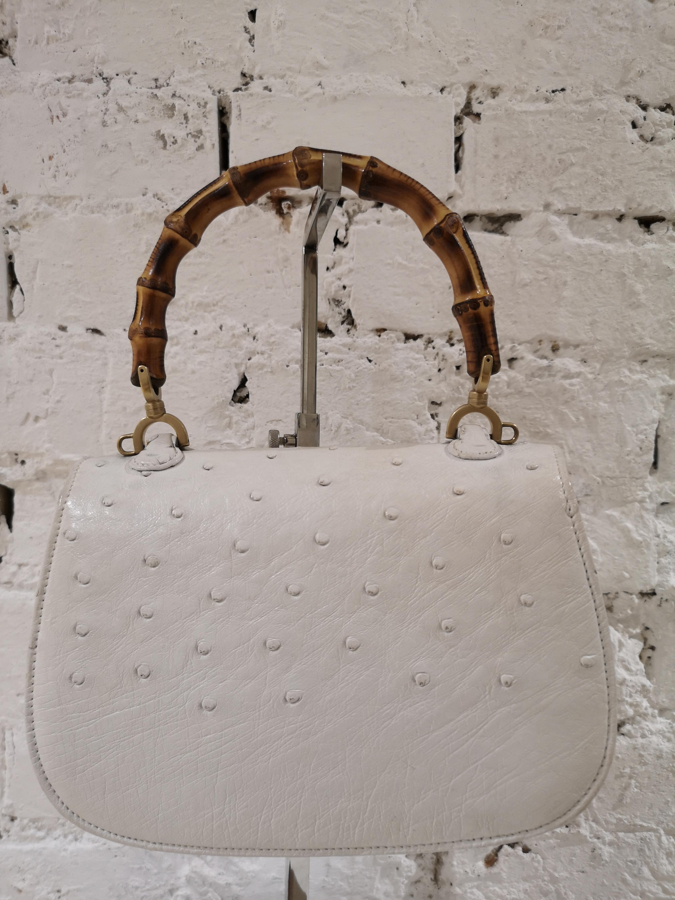 Gucci White Ostrich Leather Bamboo Bag 8