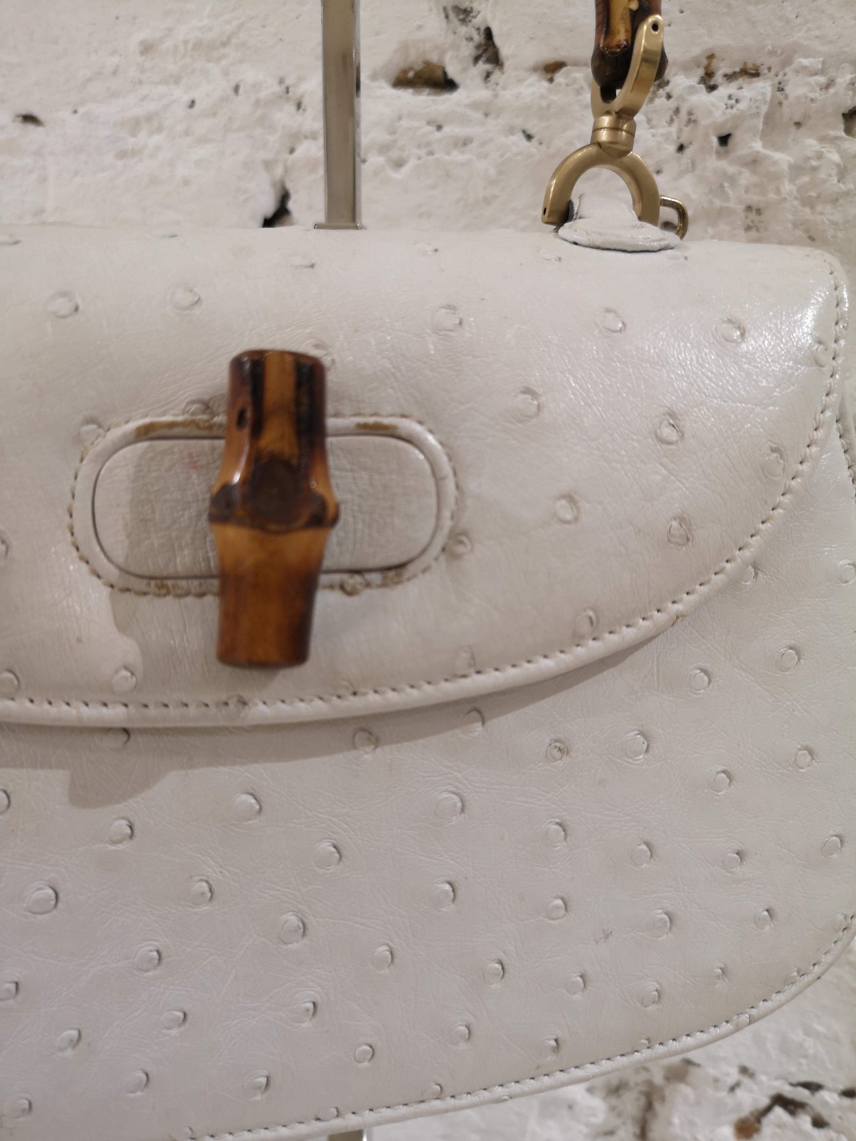 Gray Gucci White Ostrich Leather Bamboo Bag