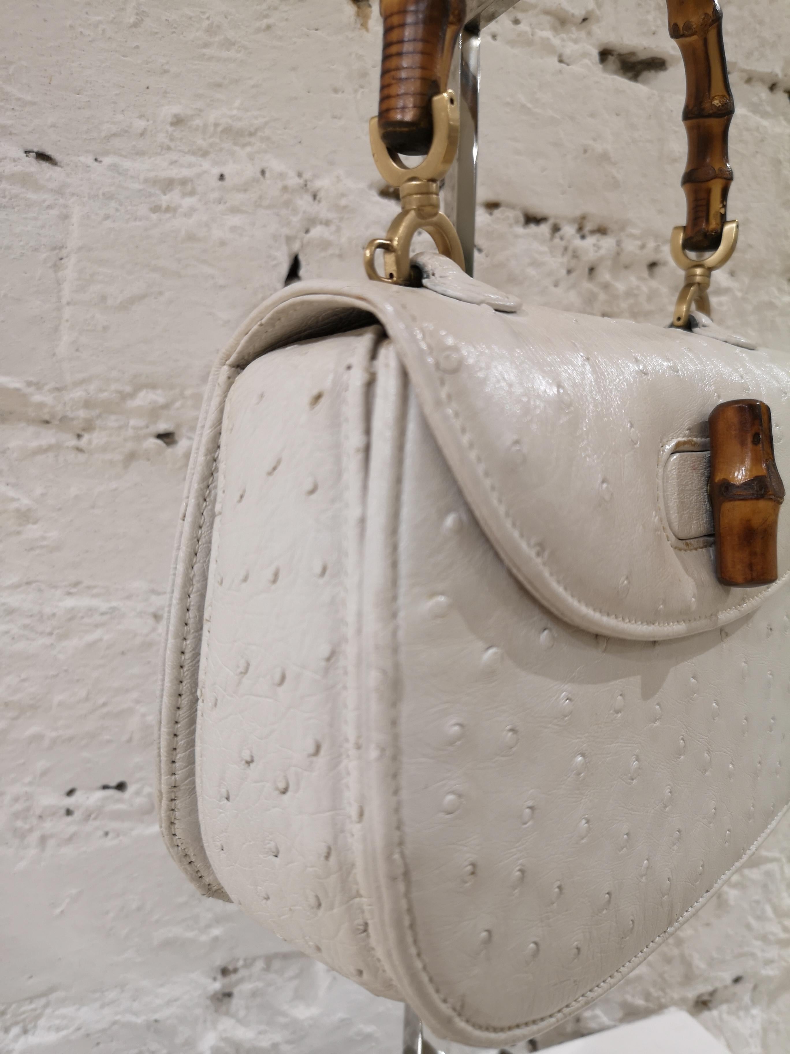 Gucci White Ostrich Leather Bamboo Bag In Excellent Condition In Capri, IT