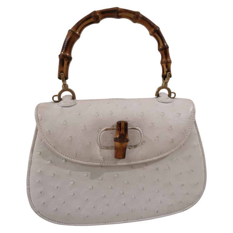 Gucci White Ostrich Leather Bamboo Bag at 1stDibs