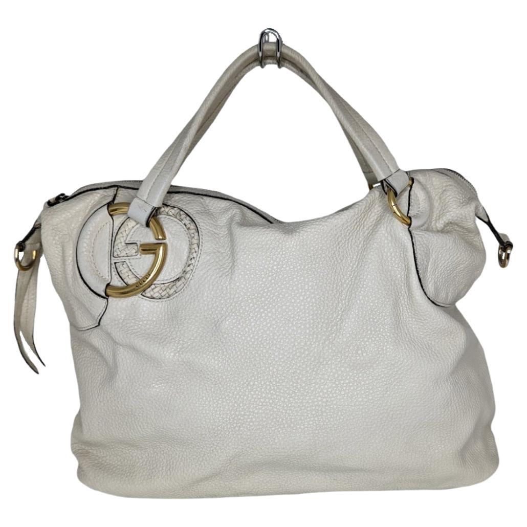 Gucci White Pebbled Leather Twill Top Handle Bag
