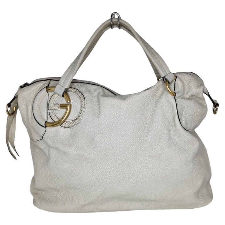 Gucci White Pebbled Leather Twill Top Handle Bag For Sale at 1stDibs
