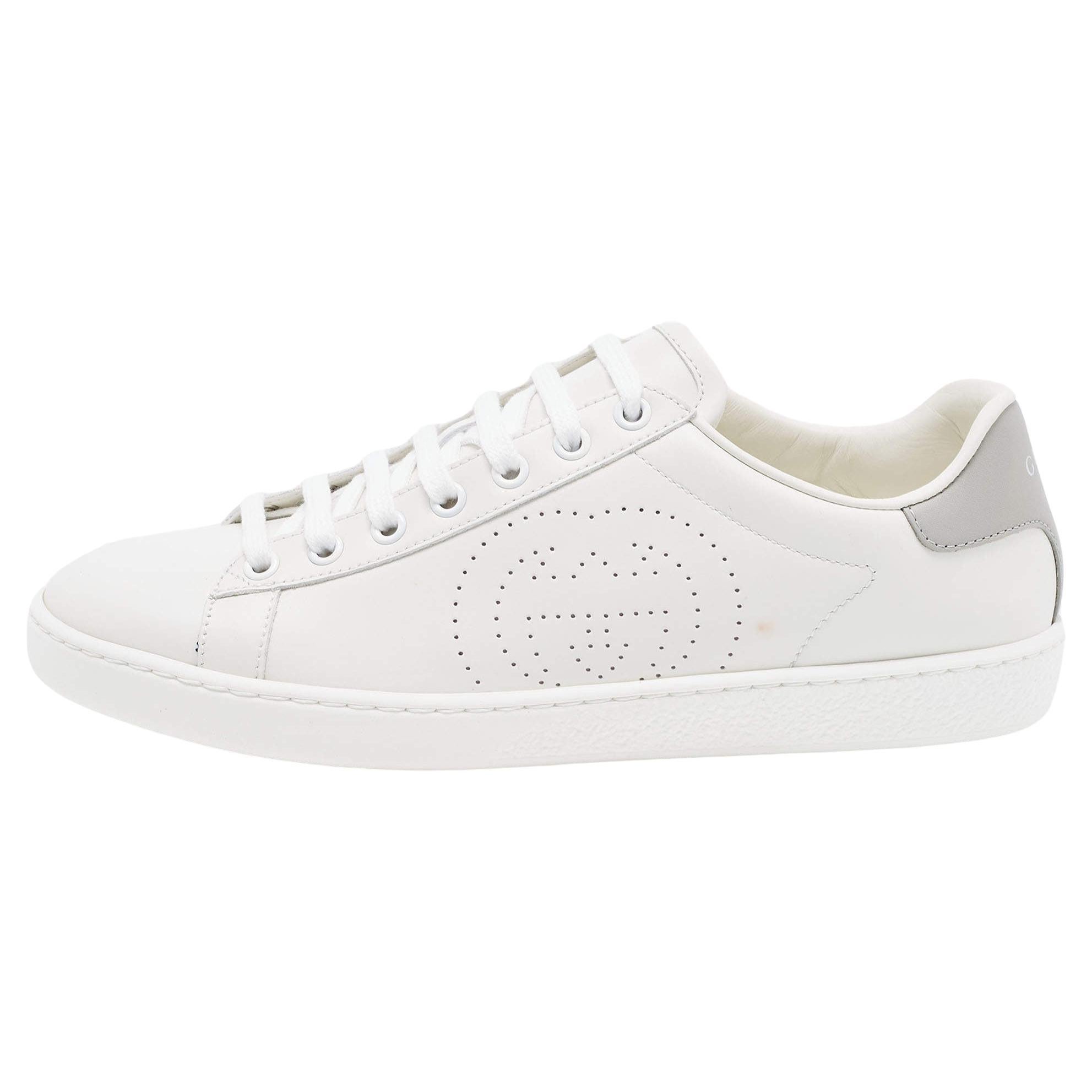 Gucci White Perforated Interlocking G Leather Ace Low Top Sneakers Size 38