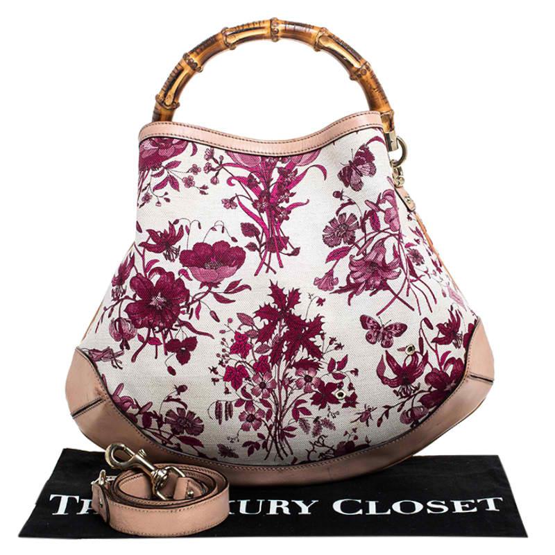 Gucci White/Pink Floral Canvas and Leather Peggy Bamboo Handle Hobo 7