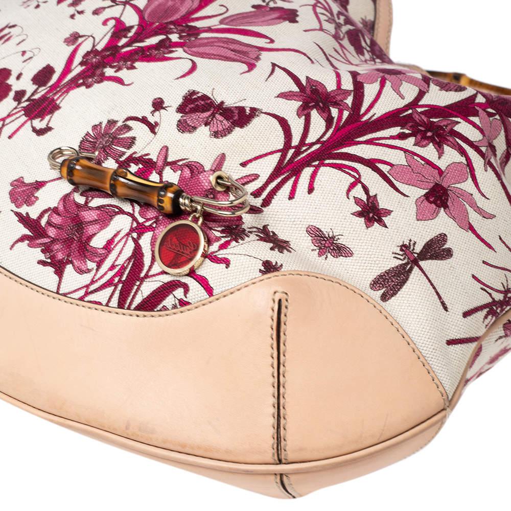 Gucci White/Pink Floral Canvas and Leather Peggy Bamboo Handle Hobo 8